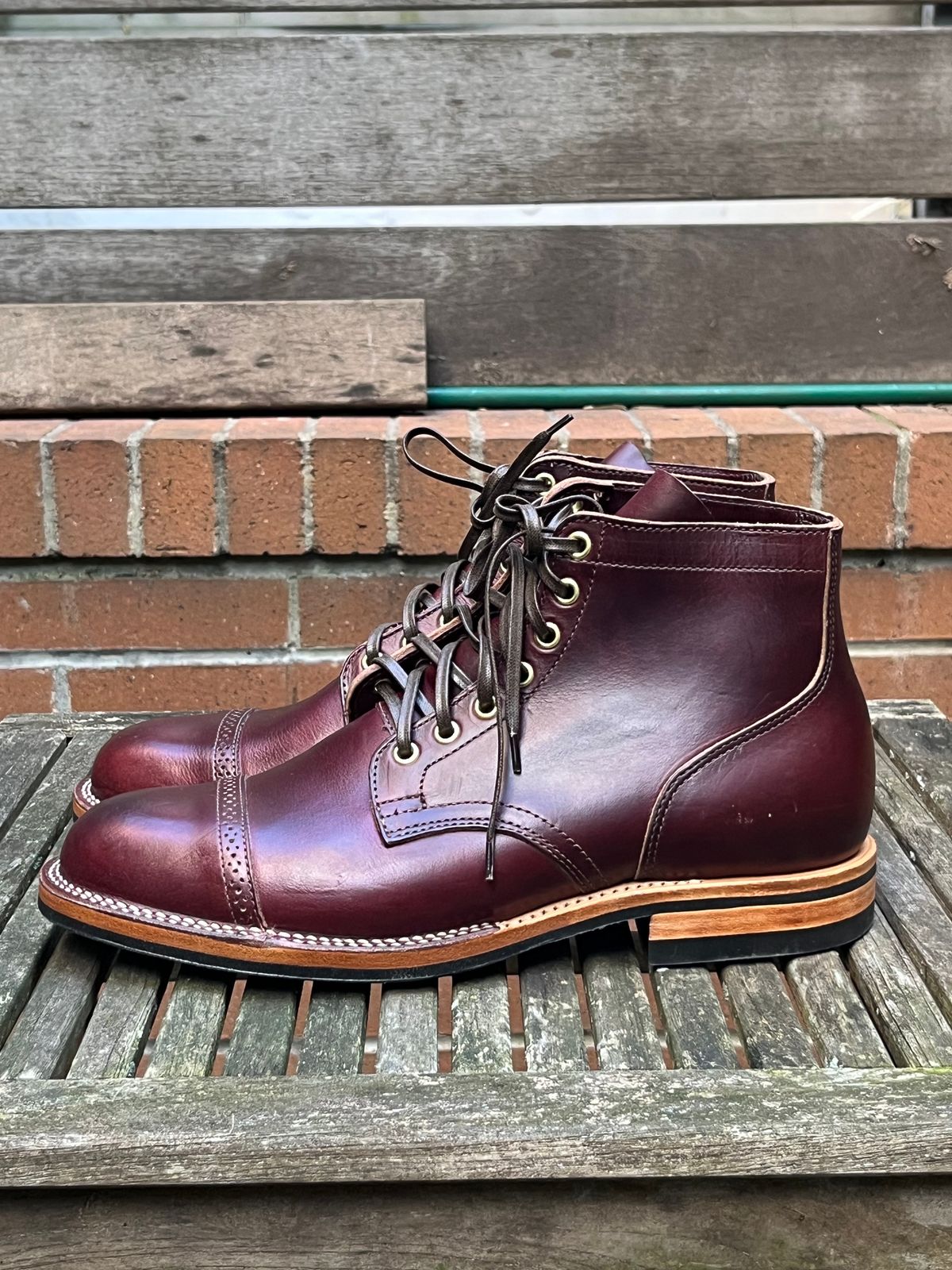 Photo by DesperadoUnderTheEaves on November 9, 2023 of the Viberg Service Boot BCT in Horween Color 8 Chromexcel.