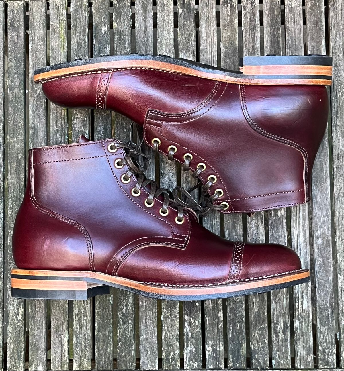 Photo by DesperadoUnderTheEaves on November 9, 2023 of the Viberg Service Boot BCT in Horween Color 8 Chromexcel.