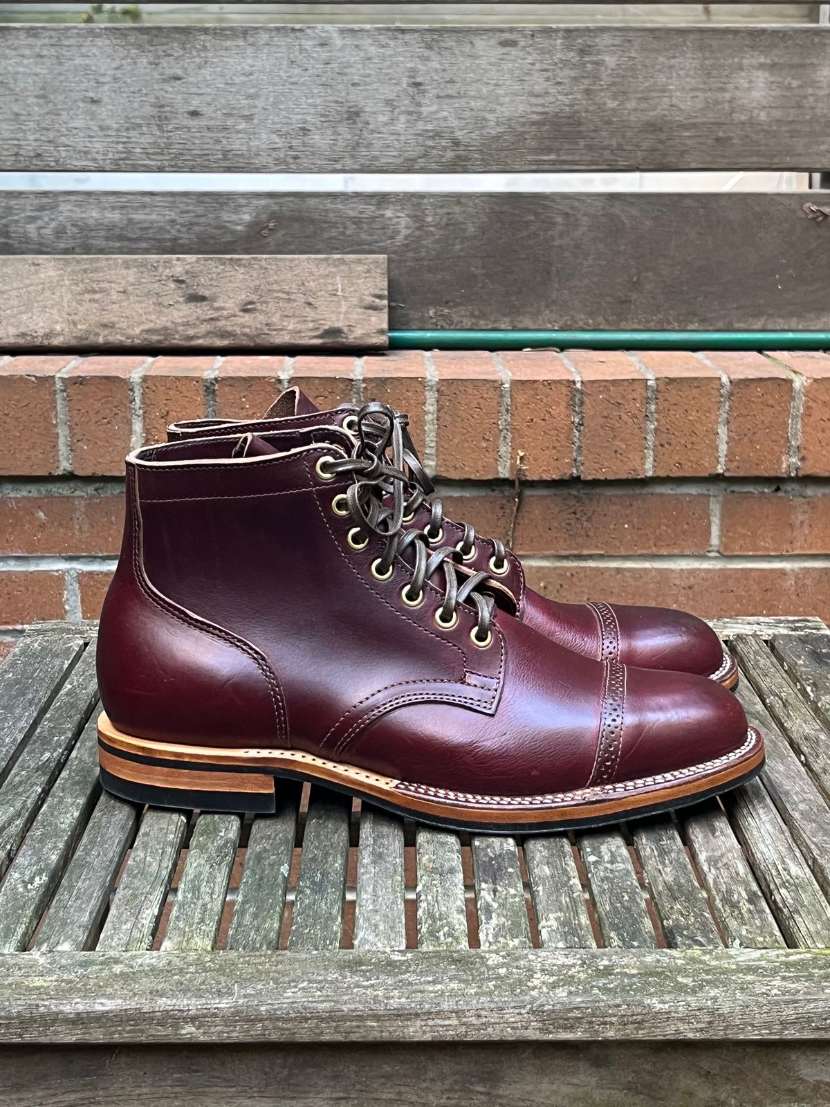 Photo by DesperadoUnderTheEaves on November 9, 2023 of the Viberg Service Boot BCT in Horween Color 8 Chromexcel.