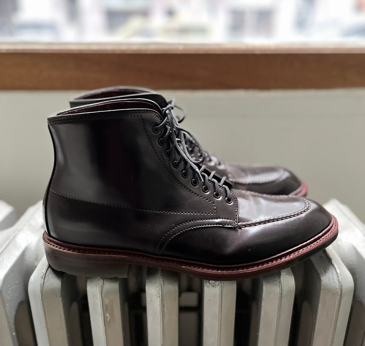 Photo by DesperadoUnderTheEaves on December 6, 2024 of the Alden Indy Boot in Horween Color 8 Shell Cordovan.