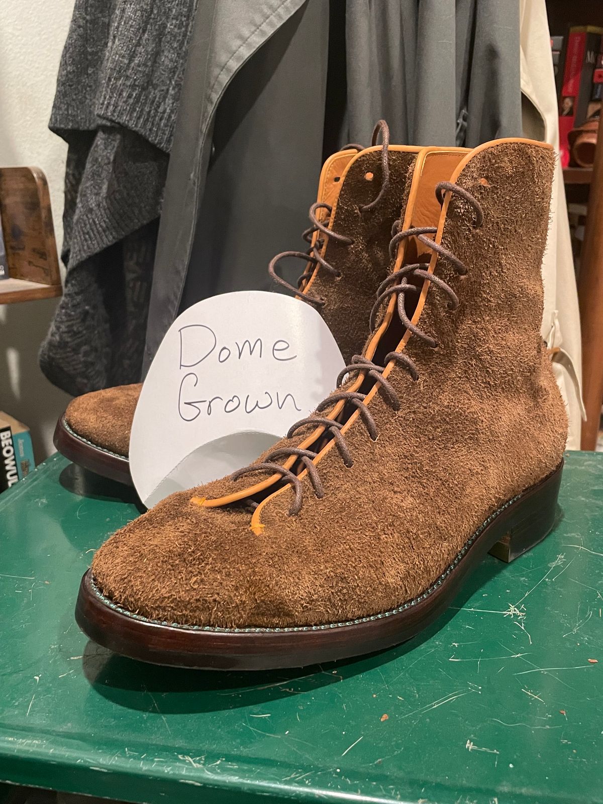 Photo by QuietRyter on November 1, 2023 of the Briselblack The Buck Wholecut Lace to Toe in C.F. Stead Polo Brown Janus Calf Suede.