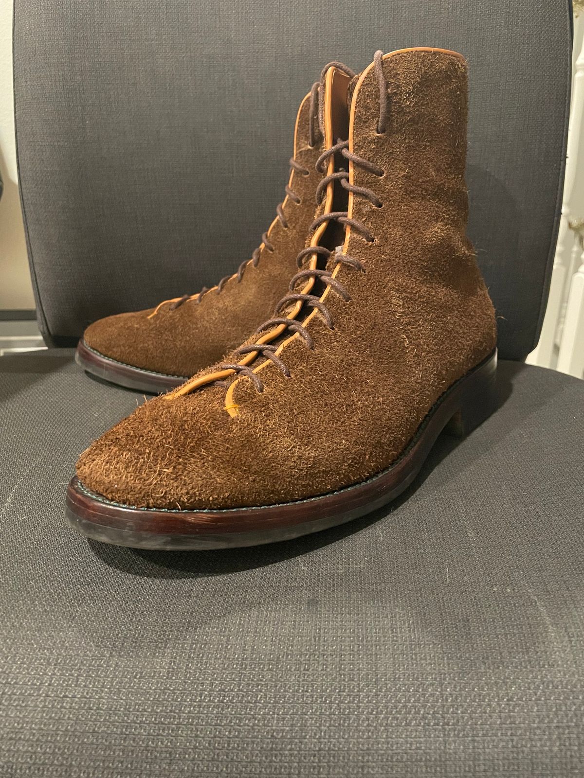 Photo by QuietRyter on December 5, 2023 of the Briselblack The Buck Wholecut Lace to Toe in C.F. Stead Polo Brown Janus Calf Suede.