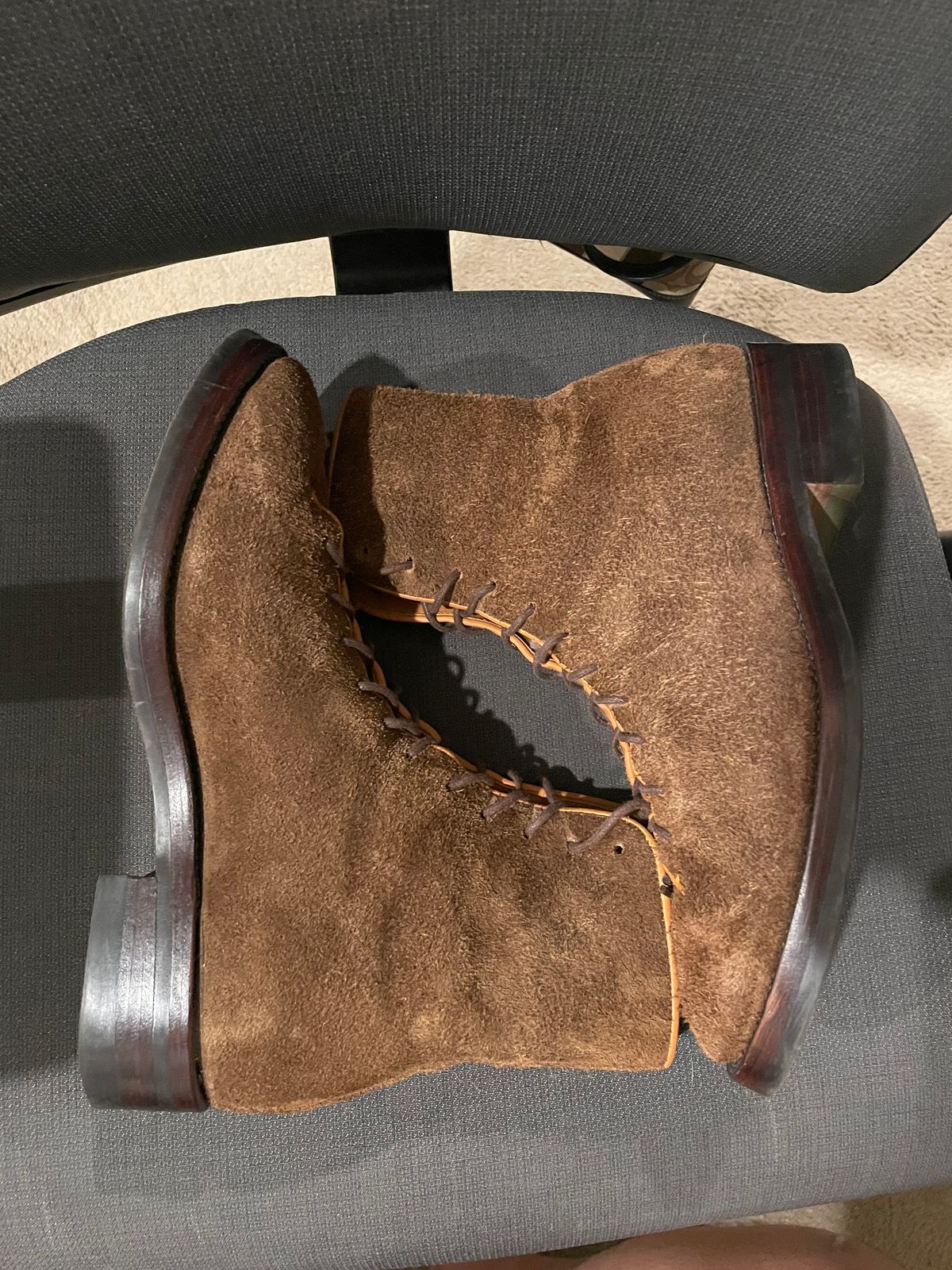 Photo by QuietRyter on December 5, 2023 of the Briselblack The Buck Wholecut Lace to Toe in C.F. Stead Polo Brown Janus Calf Suede.