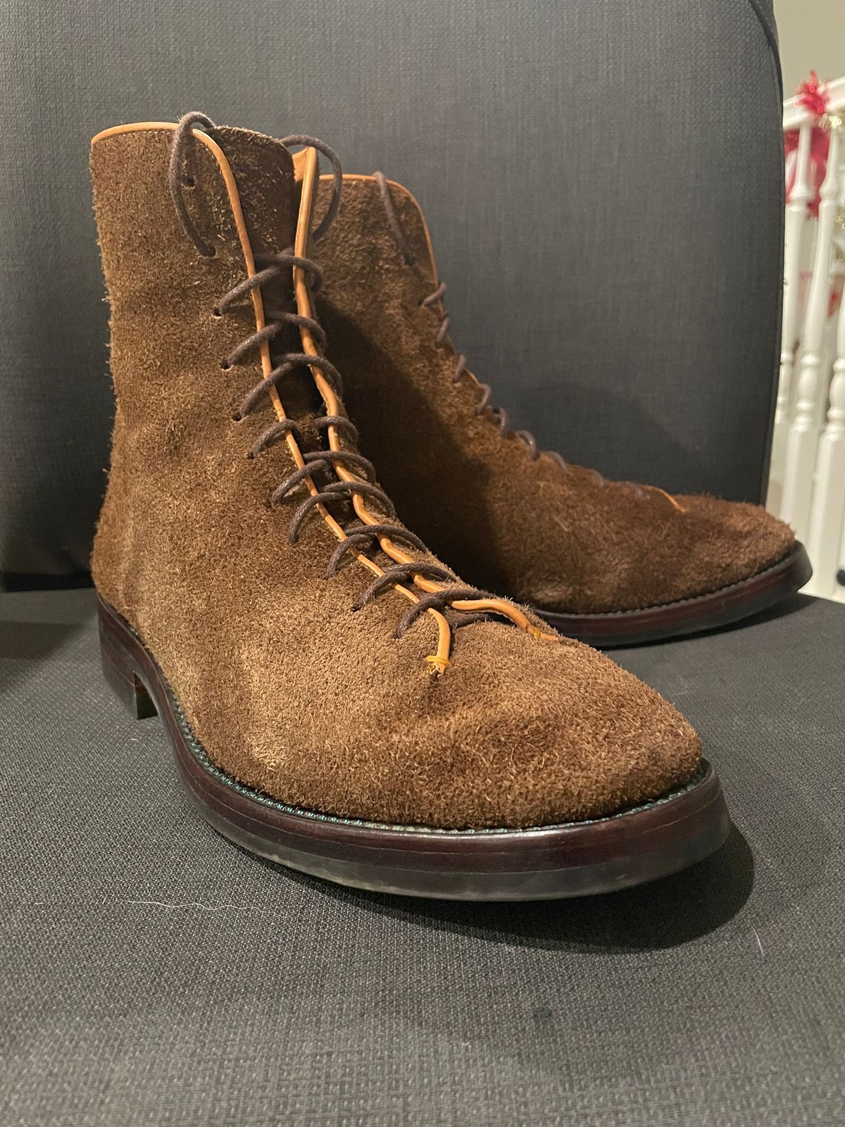 Photo by QuietRyter on December 5, 2023 of the Briselblack The Buck Wholecut Lace to Toe in C.F. Stead Polo Brown Janus Calf Suede.