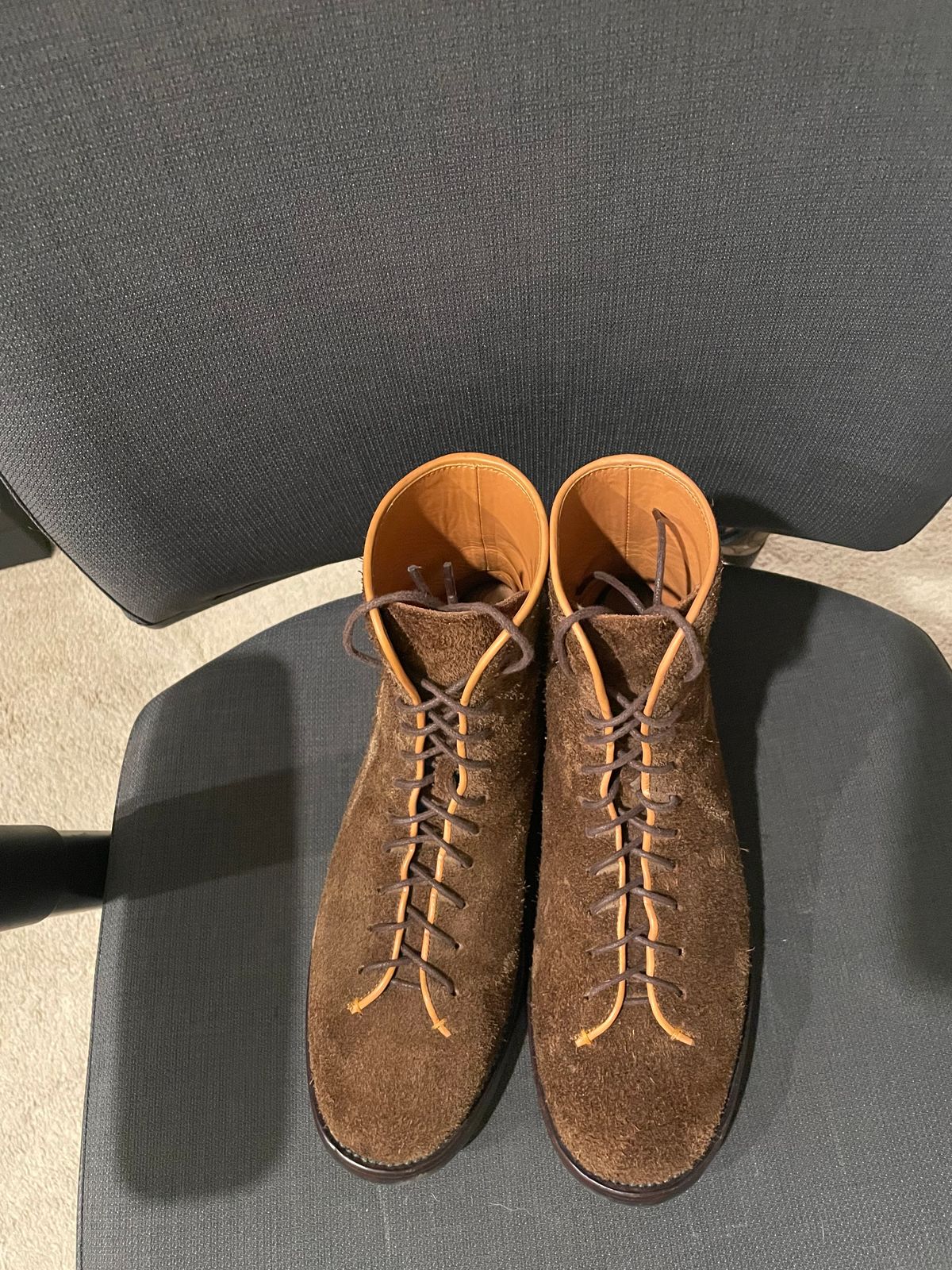 Photo by QuietRyter on December 5, 2023 of the Briselblack The Buck Wholecut Lace to Toe in C.F. Stead Polo Brown Janus Calf Suede.