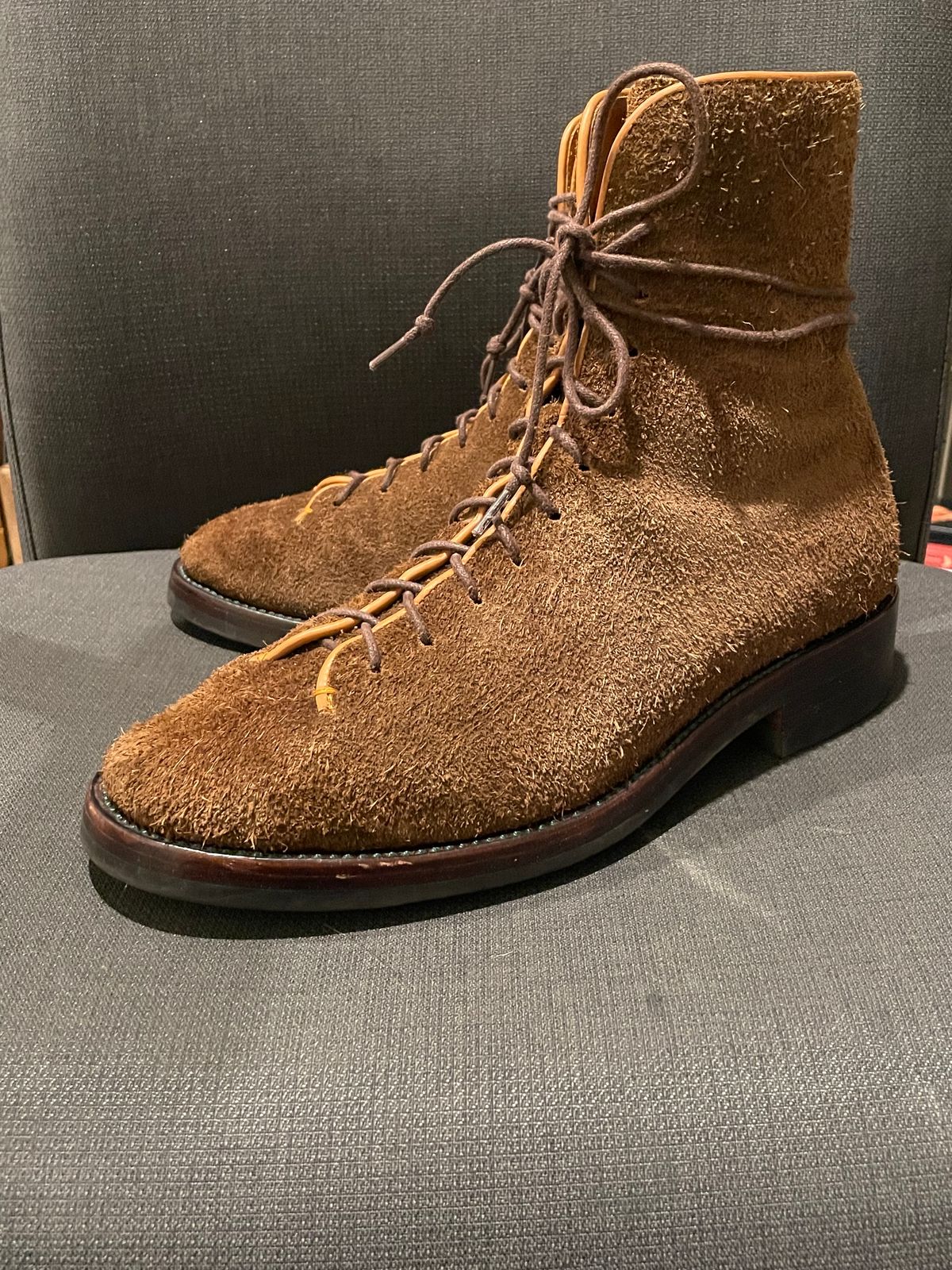 Photo by QuietRyter on January 6, 2024 of the Briselblack The Buck Wholecut Lace to Toe in C.F. Stead Polo Brown Janus Calf Suede.
