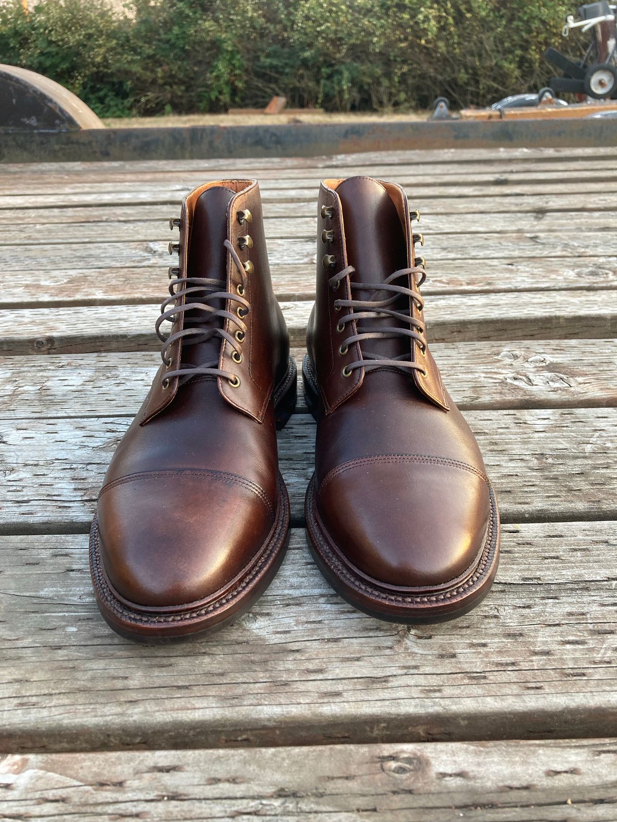 Photo by Shawn on October 2, 2022 of the Grant Stone Cap Toe Boot in D'Annonay Choco Rusticalf.