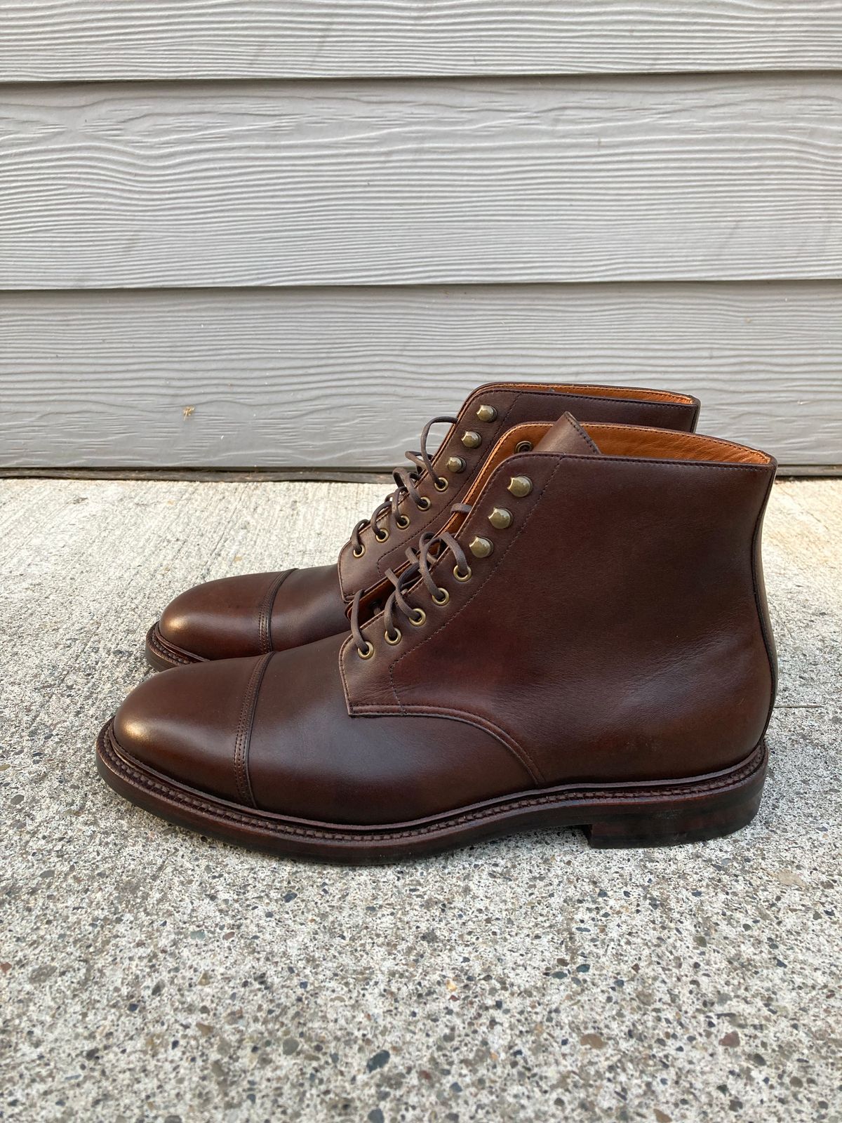 Photo by Shawn on October 2, 2022 of the Grant Stone Cap Toe Boot in D'Annonay Choco Rusticalf.