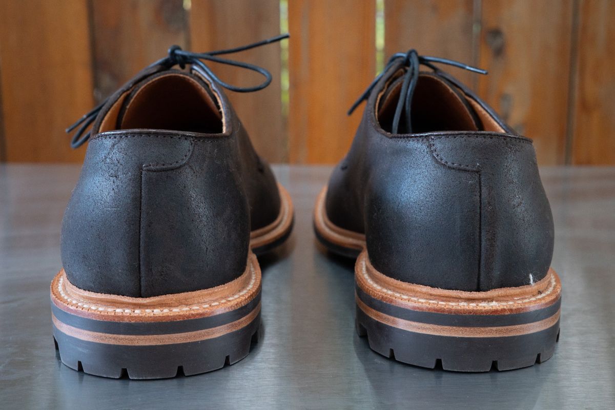 Photo by baltbootguy on October 10, 2023 of the Grant Stone Plain Toe Blucher in C.F. Stead Earth Waxy Commander Suede.