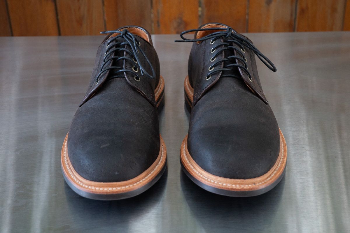 Photo by baltbootguy on October 10, 2023 of the Grant Stone Plain Toe Blucher in C.F. Stead Earth Waxy Commander Suede.