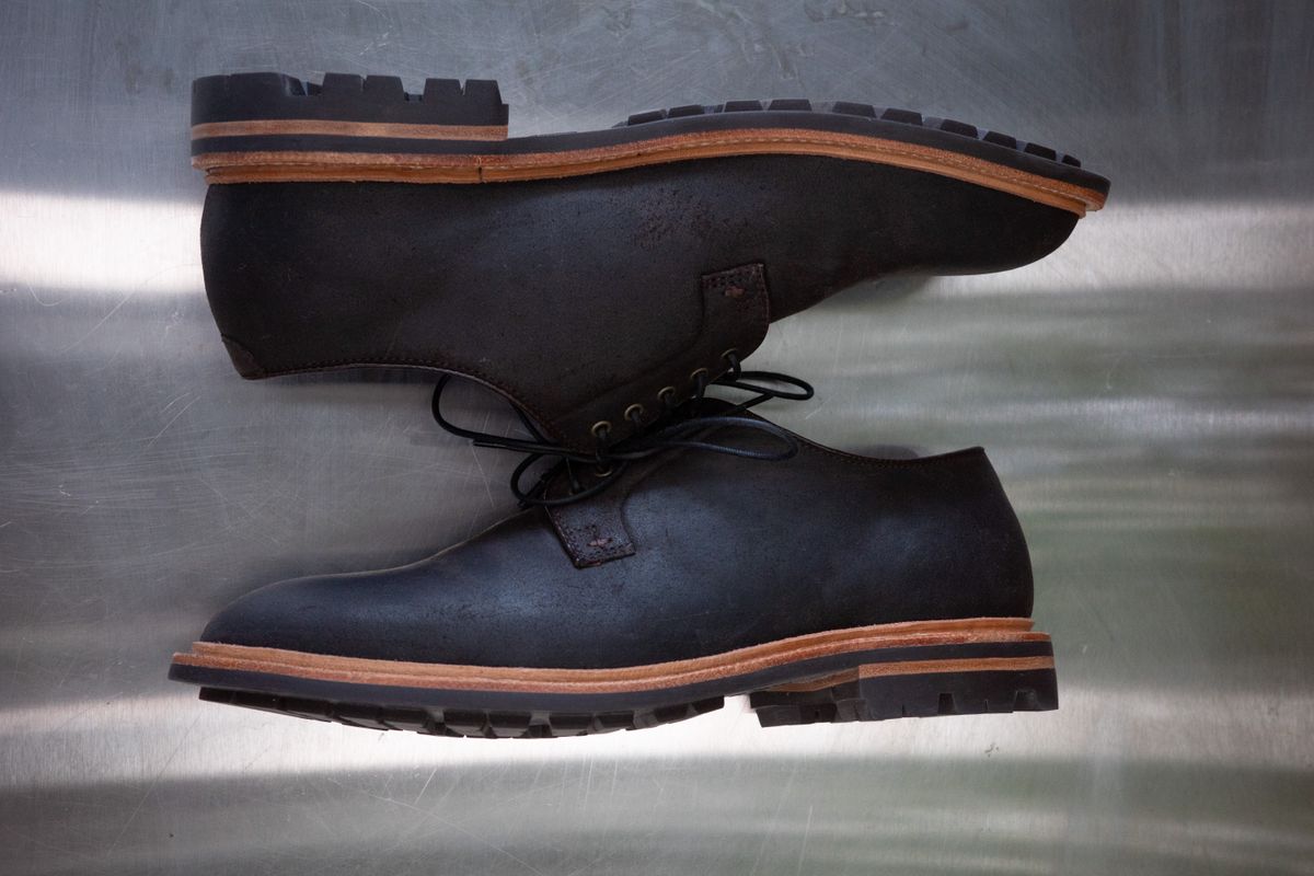 Photo by baltbootguy on October 10, 2023 of the Grant Stone Plain Toe Blucher in C.F. Stead Earth Waxy Commander Suede.