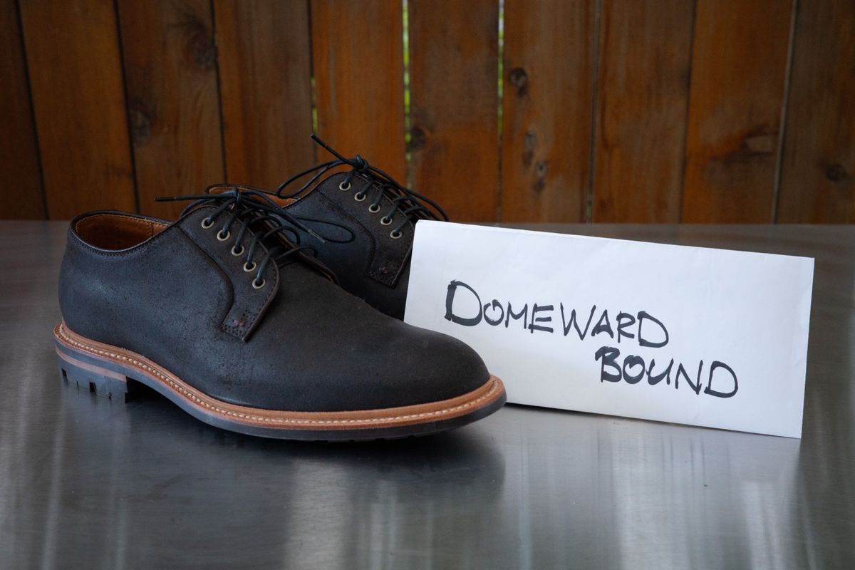 Photo by baltbootguy on October 10, 2023 of the Grant Stone Plain Toe Blucher in C.F. Stead Earth Waxy Commander Suede.