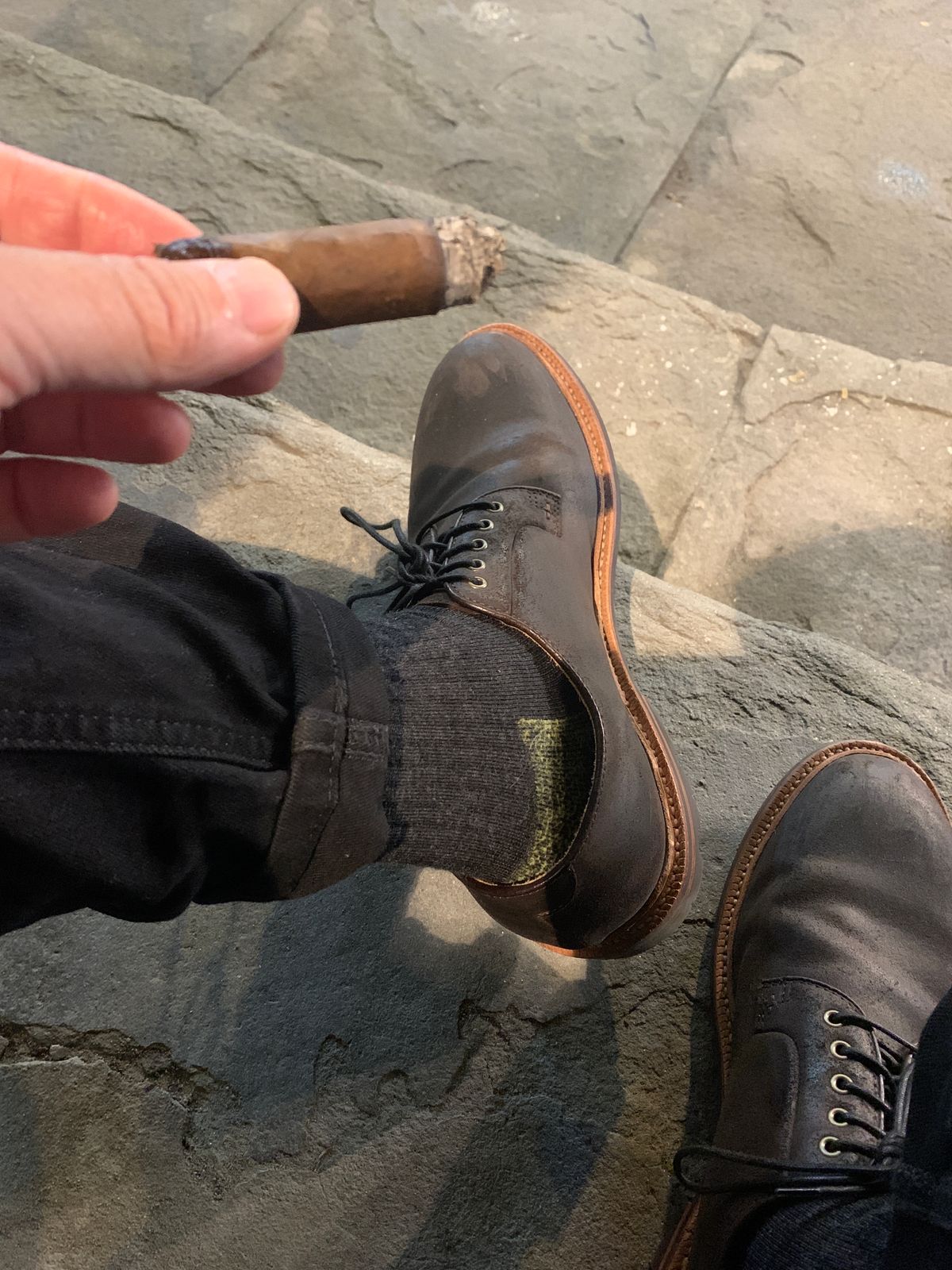 Photo by baltbootguy on November 3, 2023 of the Grant Stone Plain Toe Blucher in C.F. Stead Earth Waxy Commander Suede.