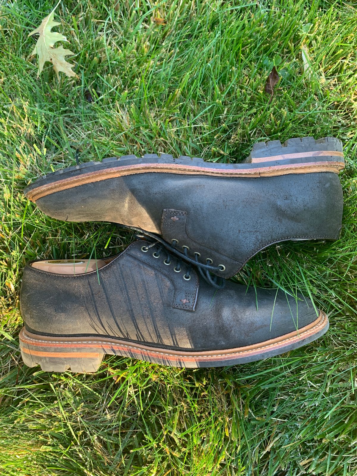 Photo by baltbootguy on November 3, 2023 of the Grant Stone Plain Toe Blucher in C.F. Stead Earth Waxy Commander Suede.