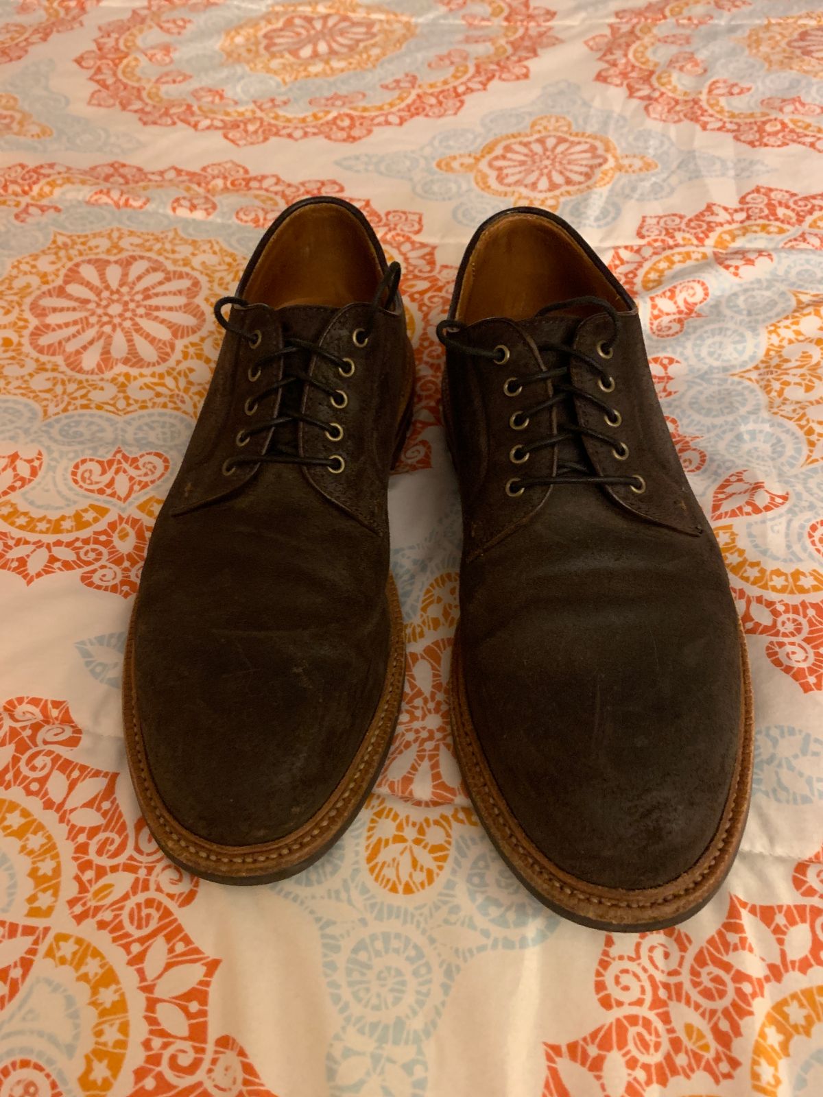 Photo by baltbootguy on January 3, 2024 of the Grant Stone Plain Toe Blucher in C.F. Stead Earth Waxy Commander Suede.