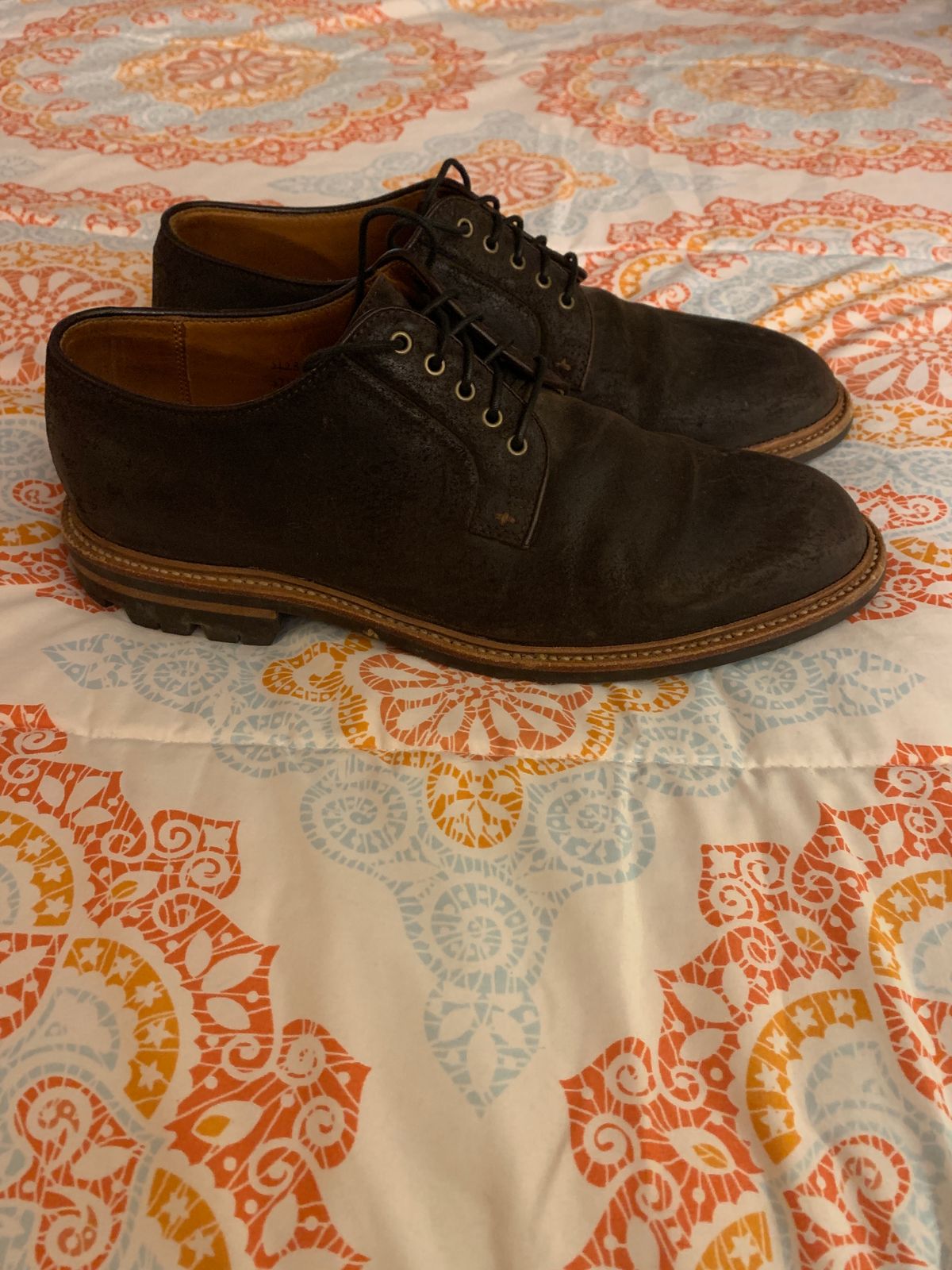 Photo by baltbootguy on January 3, 2024 of the Grant Stone Plain Toe Blucher in C.F. Stead Earth Waxy Commander Suede.