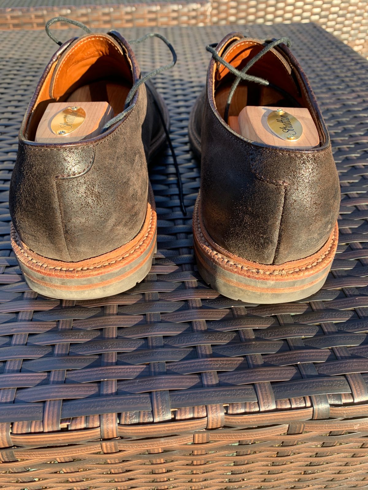 Photo by baltbootguy on February 3, 2024 of the Grant Stone Plain Toe Blucher in C.F. Stead Earth Waxy Commander Suede.