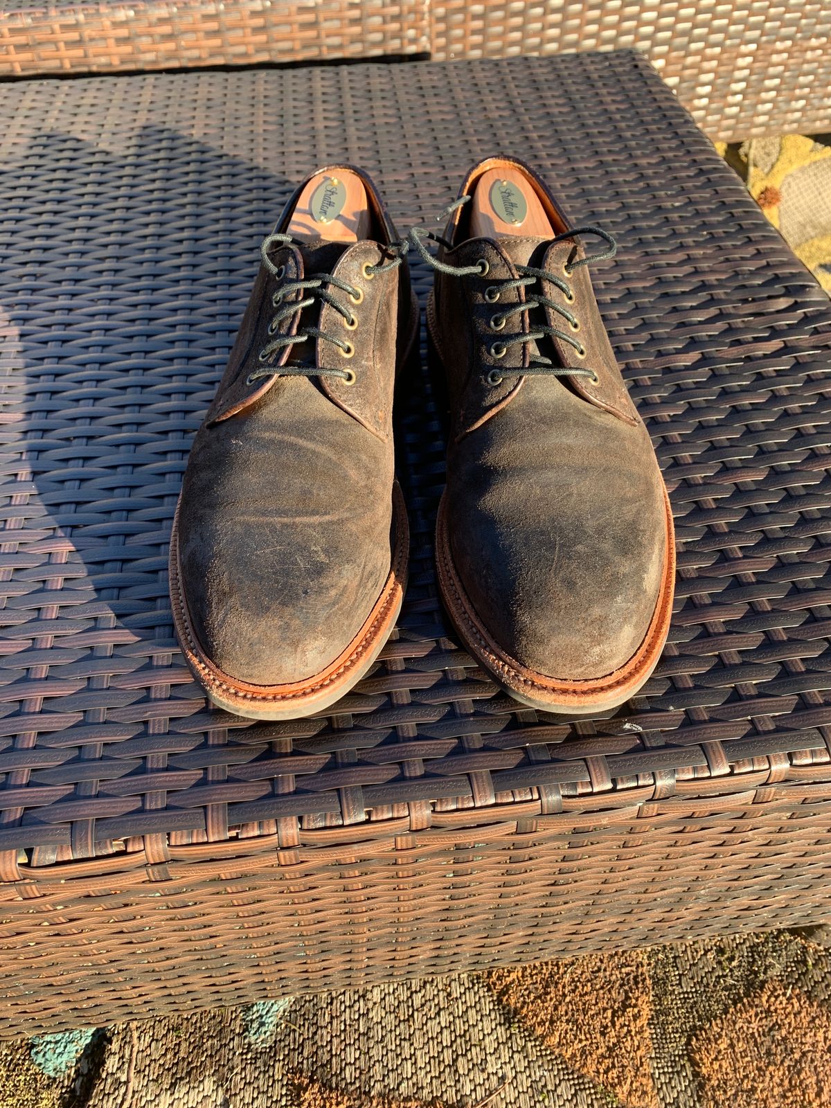 Photo by baltbootguy on February 3, 2024 of the Grant Stone Plain Toe Blucher in C.F. Stead Earth Waxy Commander Suede.