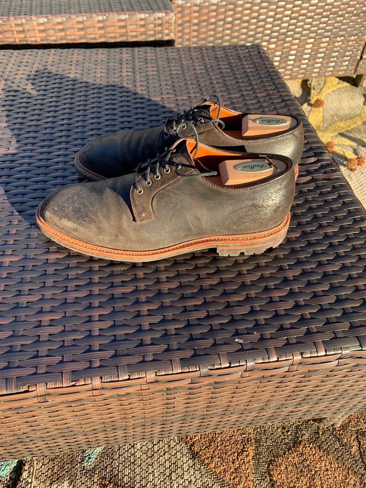 Photo by baltbootguy on February 3, 2024 of the Grant Stone Plain Toe Blucher in C.F. Stead Earth Waxy Commander Suede.