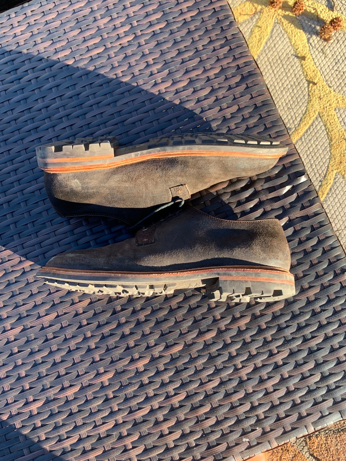 Photo by baltbootguy on February 3, 2024 of the Grant Stone Plain Toe Blucher in C.F. Stead Earth Waxy Commander Suede.