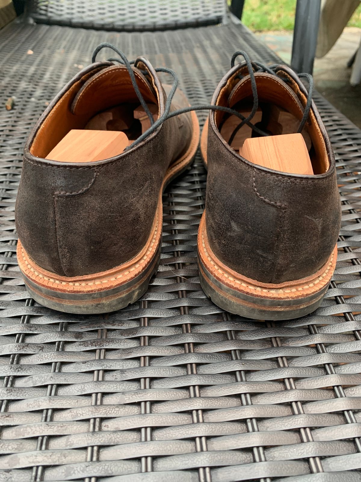Photo by baltbootguy on April 4, 2024 of the Grant Stone Plain Toe Blucher in C.F. Stead Earth Waxy Commander Suede.