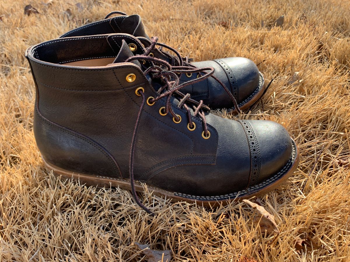 Photo by baltbootguy on February 3, 2023 of the Iron Boots Unlisted Model in Maryam Black Hand-Dyed Horsehide.