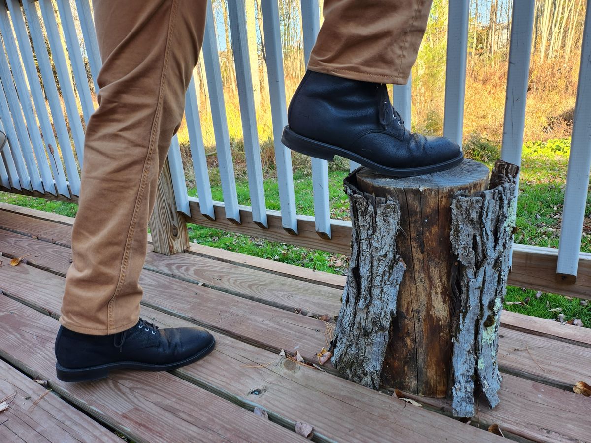 Photo by Zenobian on November 3, 2022 of the Grant Stone Edward Boot in C.F. Stead Black Waxy Commander Suede.