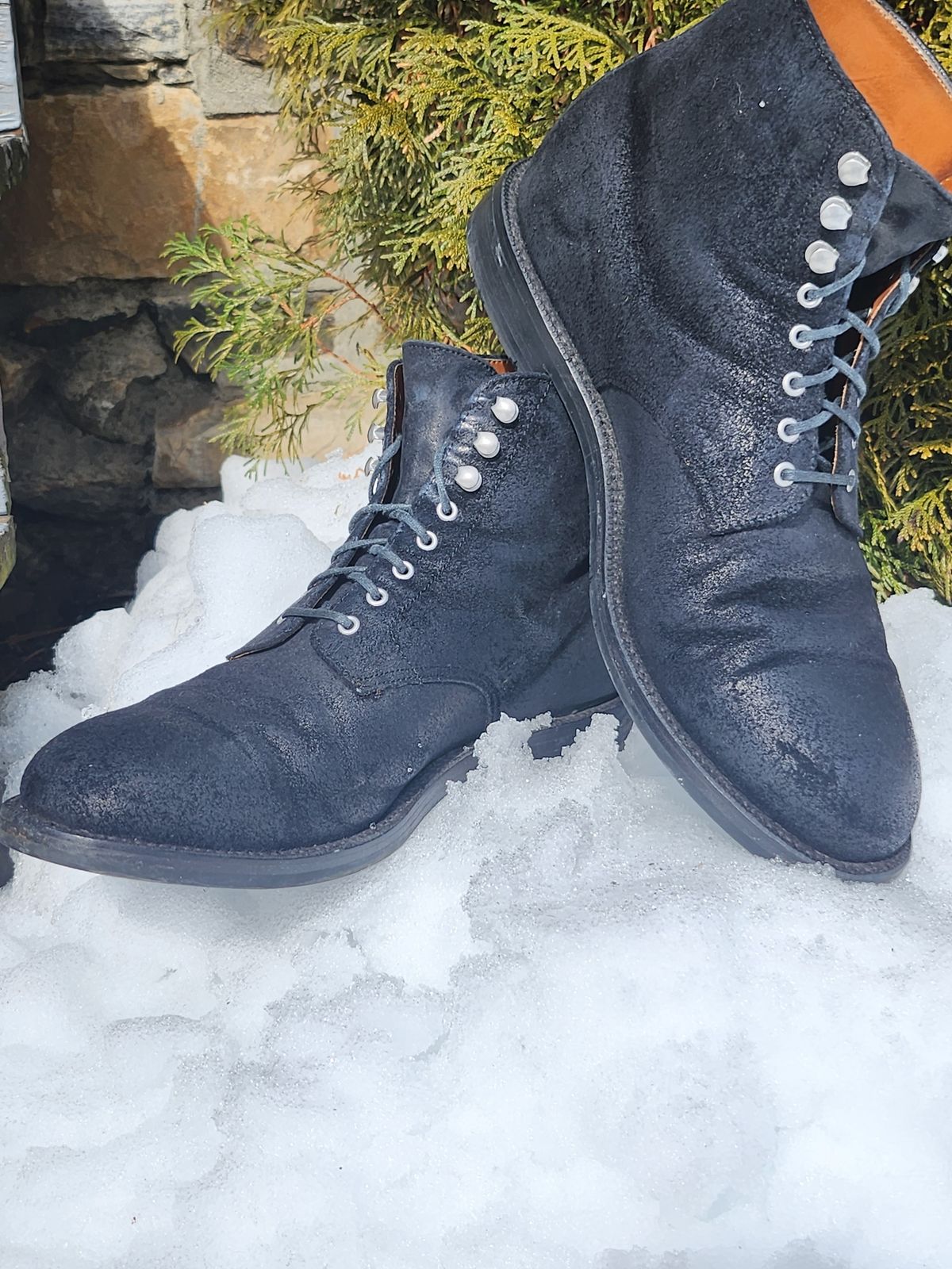 Photo by Zenobian on March 5, 2023 of the Grant Stone Edward Boot in C.F. Stead Black Waxy Commander Suede.