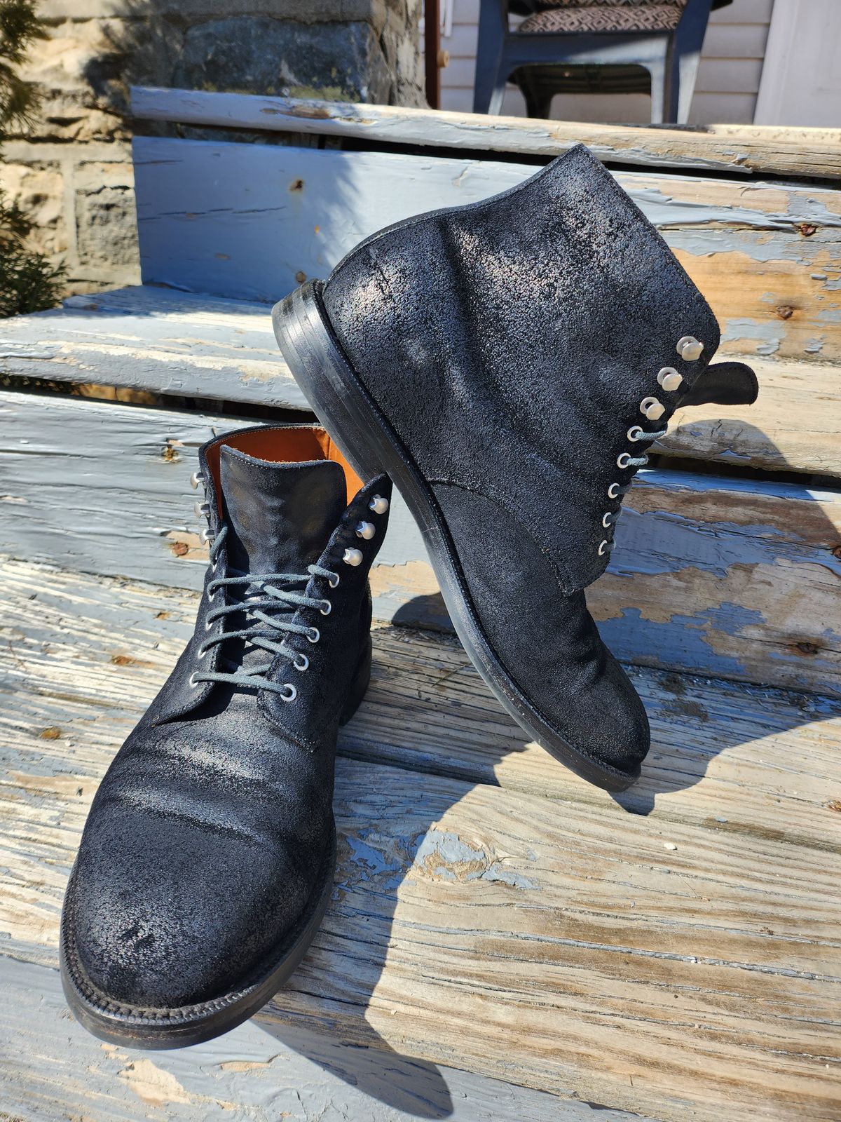 Photo by Zenobian on April 1, 2023 of the Grant Stone Edward Boot in C.F. Stead Black Waxy Commander Suede.