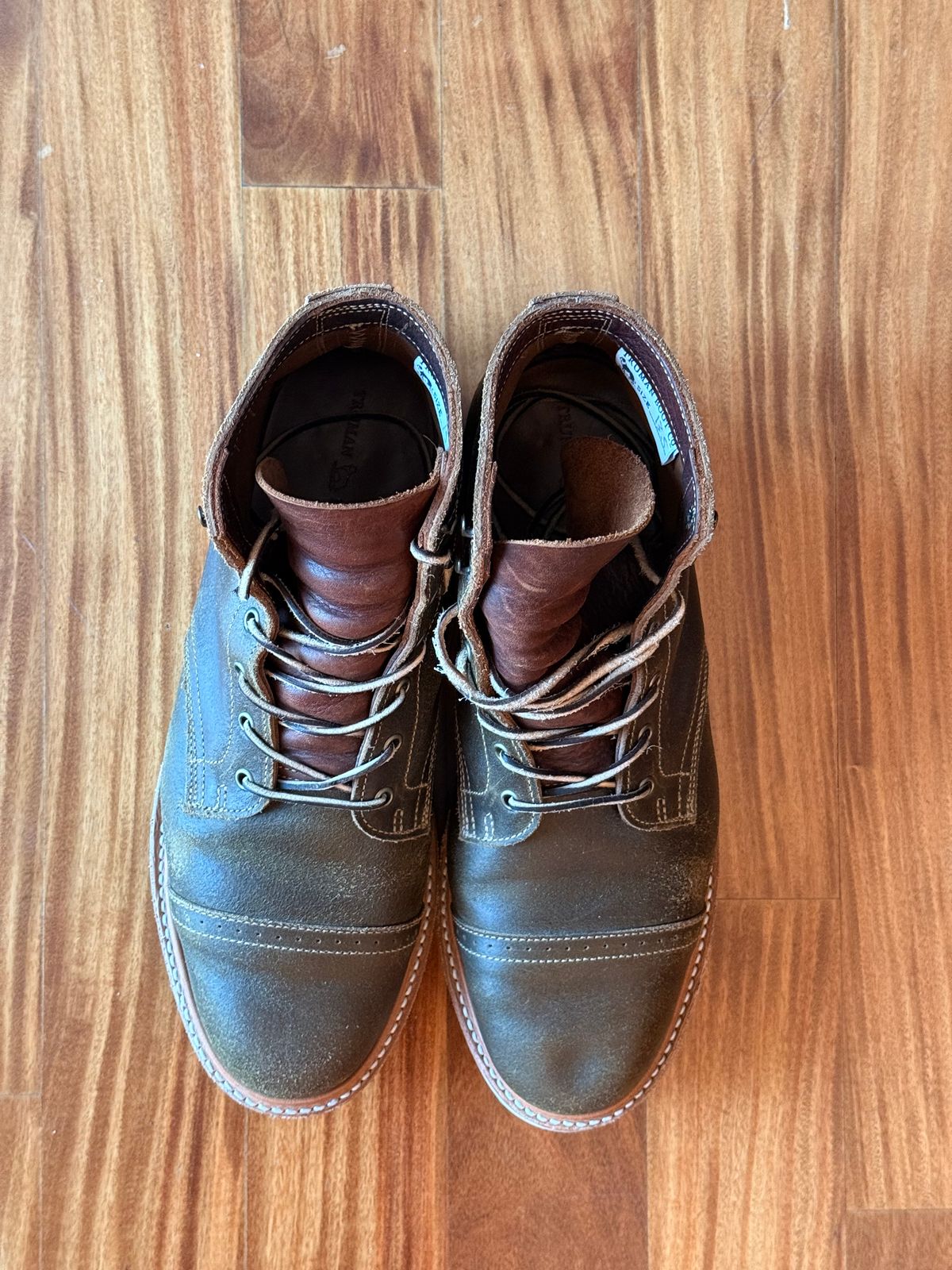 Photo by full_brogue on October 5, 2025 of the Truman Cap Toe Boot in Horween Olive Waxed Flesh.
