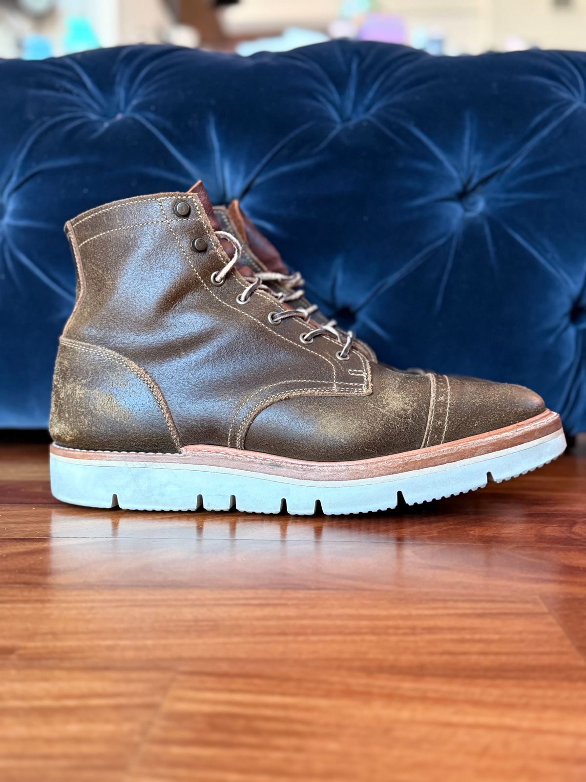 Photo by full_brogue on October 5, 2025 of the Truman Cap Toe Boot in Horween Olive Waxed Flesh.