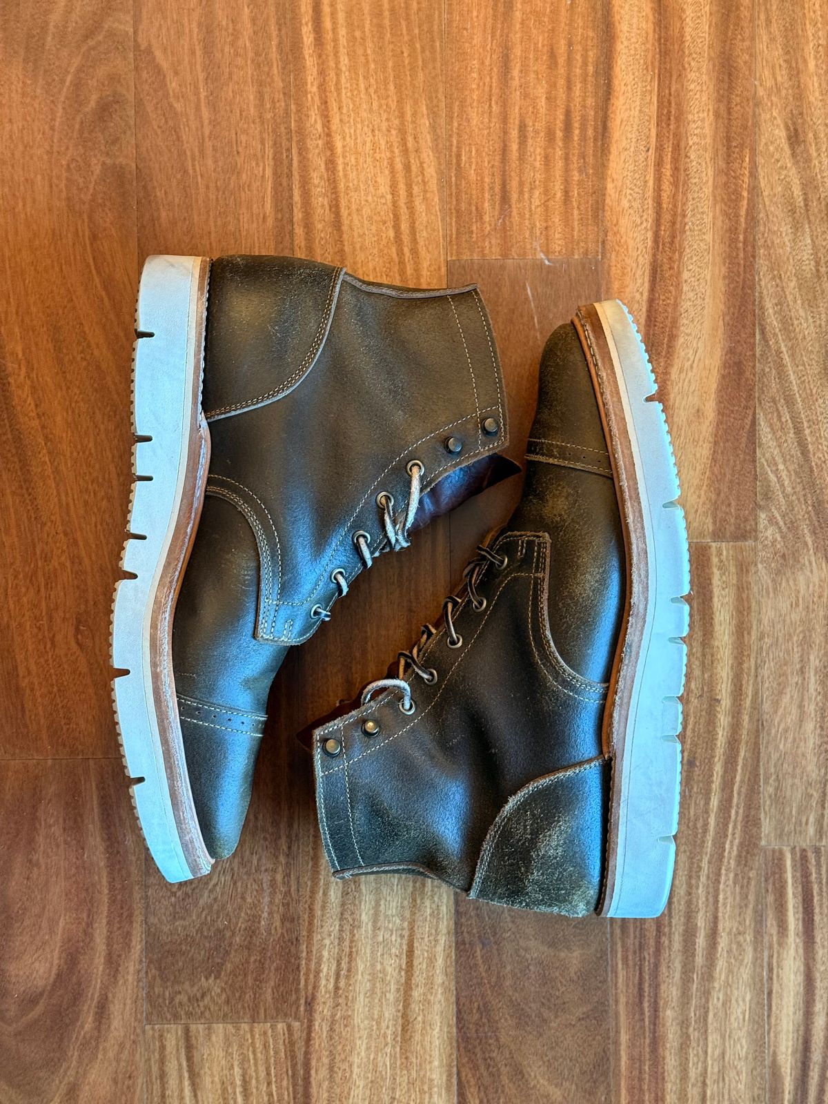 Photo by full_brogue on October 5, 2025 of the Truman Cap Toe Boot in Horween Olive Waxed Flesh.