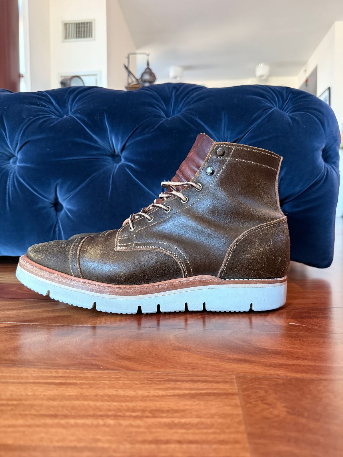 Photo by full_brogue on October 5, 2025 of the Truman Cap Toe Boot in Horween Olive Waxed Flesh.