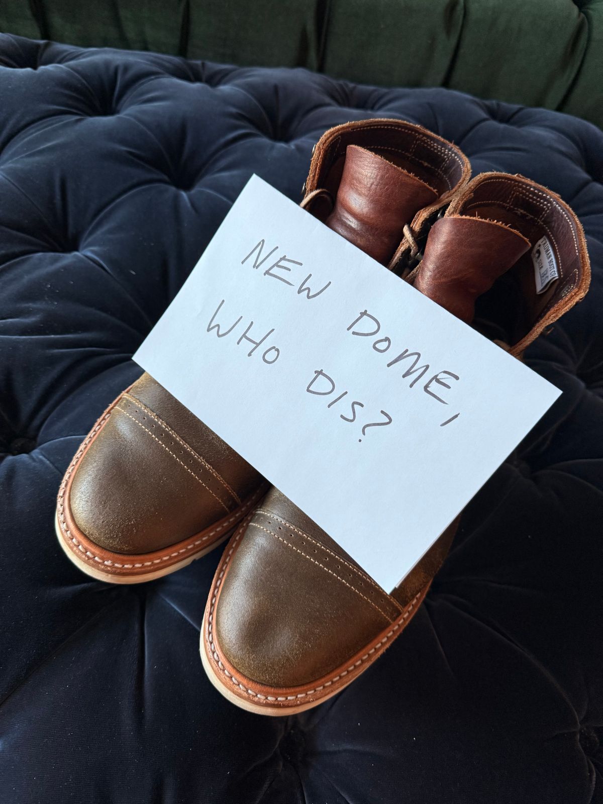 Photo by full_brogue on October 5, 2025 of the Truman Cap Toe Boot in Horween Olive Waxed Flesh.