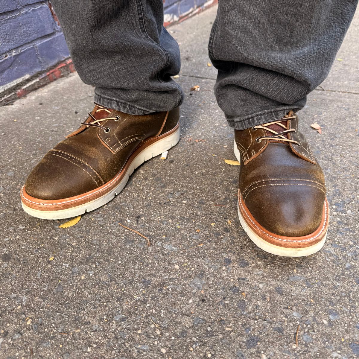 Photo by full_brogue on November 3, 2025 of the Truman Cap Toe Boot in Horween Olive Waxed Flesh.