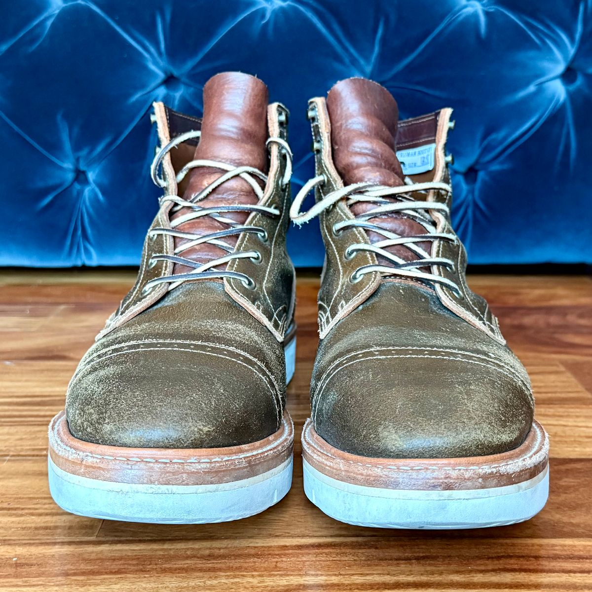 Photo by full_brogue on November 4, 2025 of the Truman Cap Toe Boot in Horween Olive Waxed Flesh.