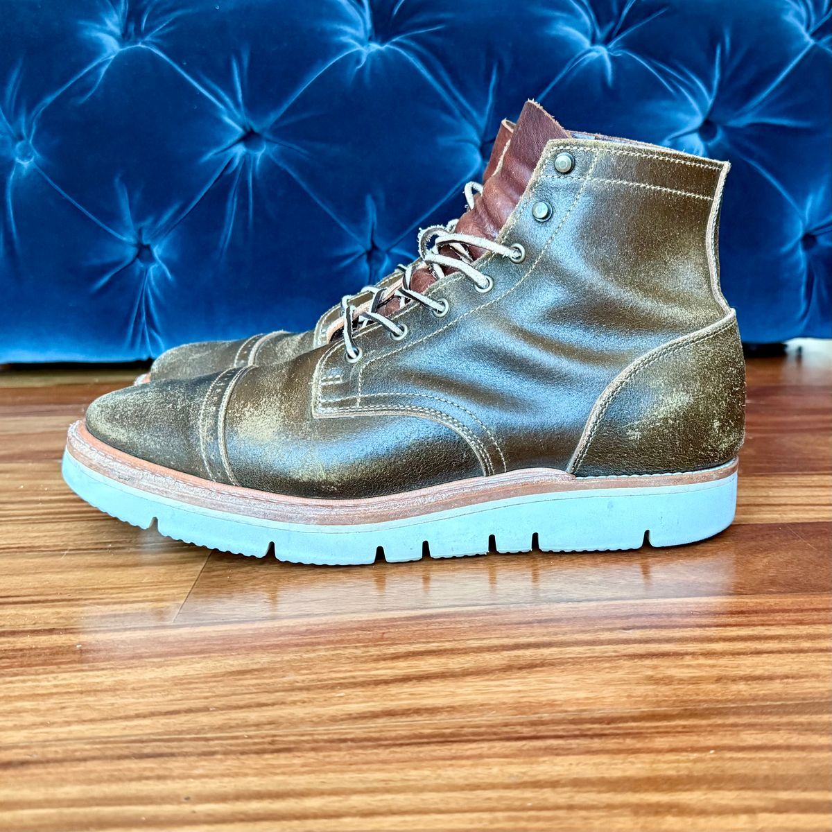 Photo by full_brogue on November 4, 2025 of the Truman Cap Toe Boot in Horween Olive Waxed Flesh.