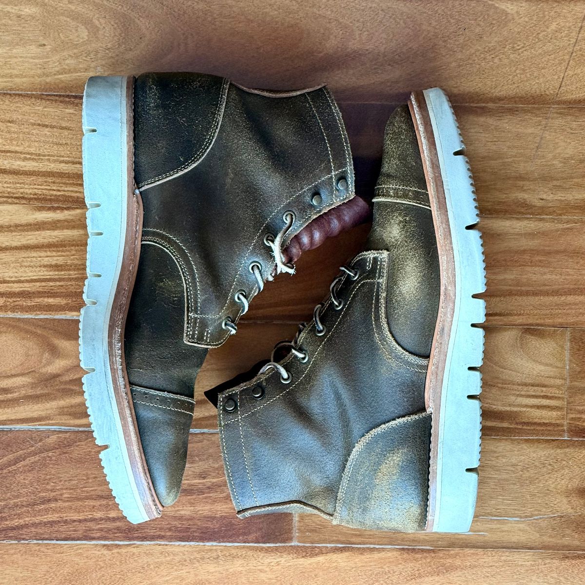 Photo by full_brogue on November 4, 2025 of the Truman Cap Toe Boot in Horween Olive Waxed Flesh.