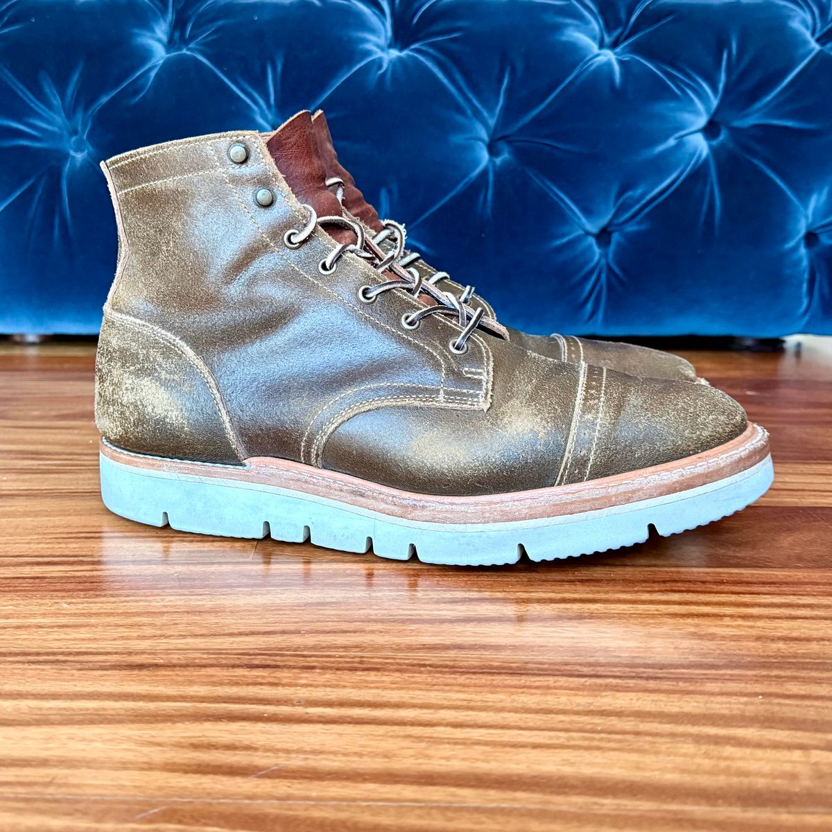 Photo by full_brogue on November 4, 2025 of the Truman Cap Toe Boot in Horween Olive Waxed Flesh.