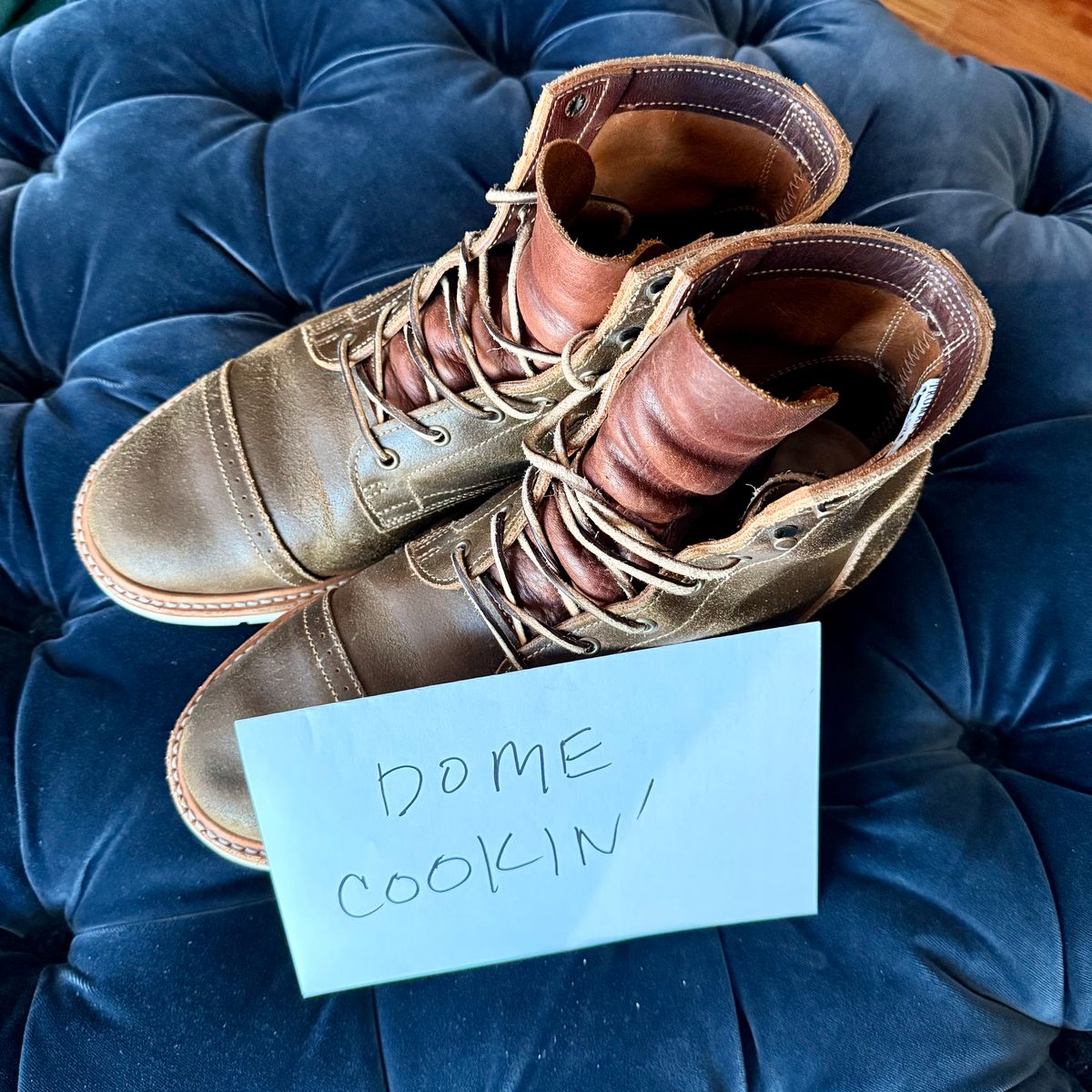 Photo by full_brogue on November 4, 2025 of the Truman Cap Toe Boot in Horween Olive Waxed Flesh.