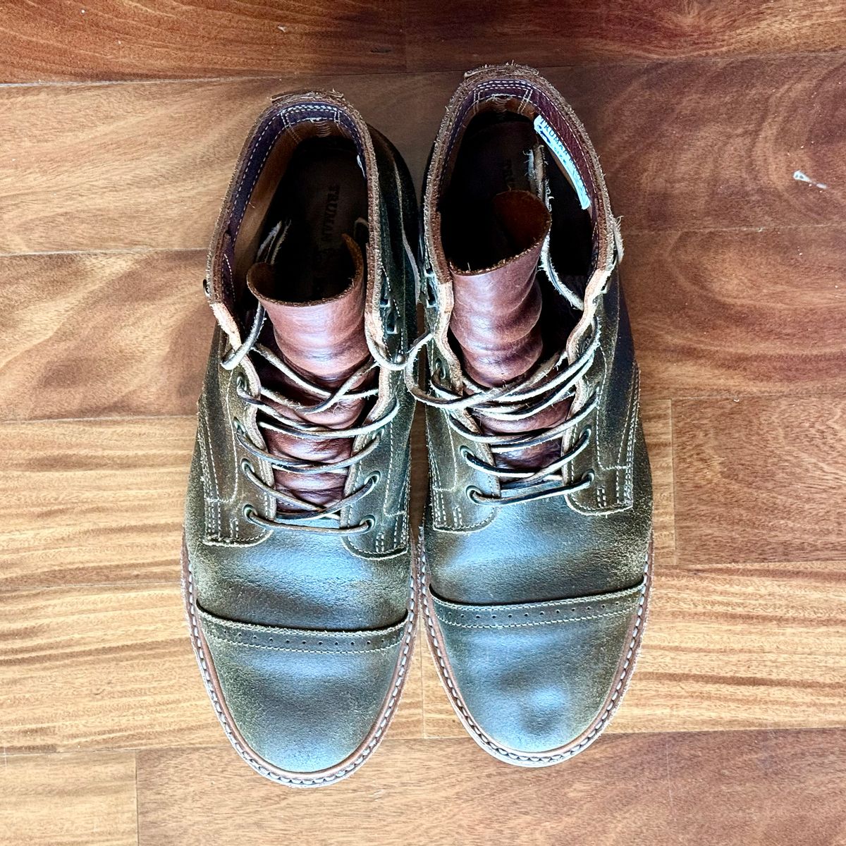 Photo by full_brogue on November 4, 2025 of the Truman Cap Toe Boot in Horween Olive Waxed Flesh.