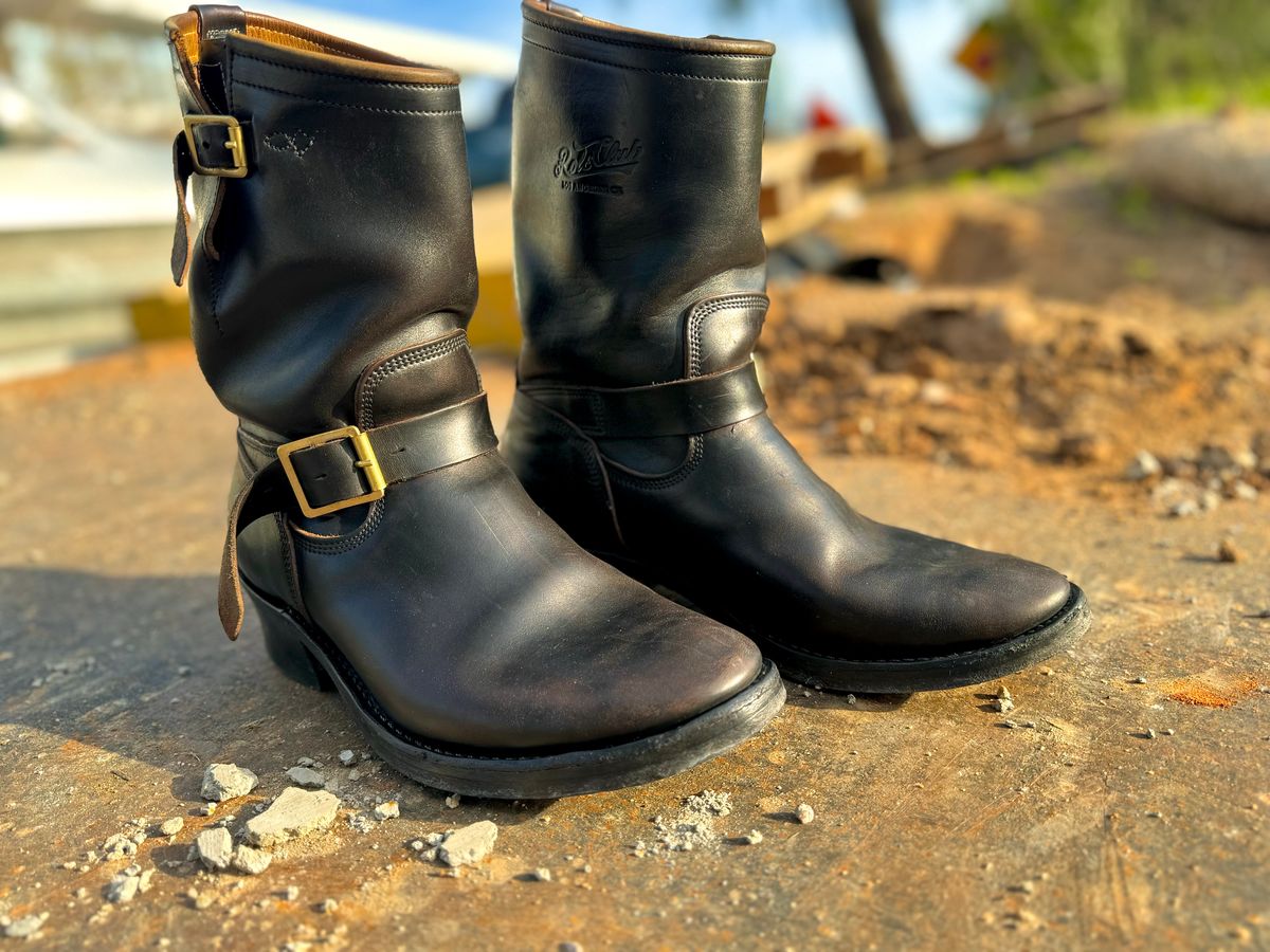 Photo by PatinaTechnodrome on March 6, 2024 of the Role Club Engineer Boots in Horween Black Chromexcel Horsehide.