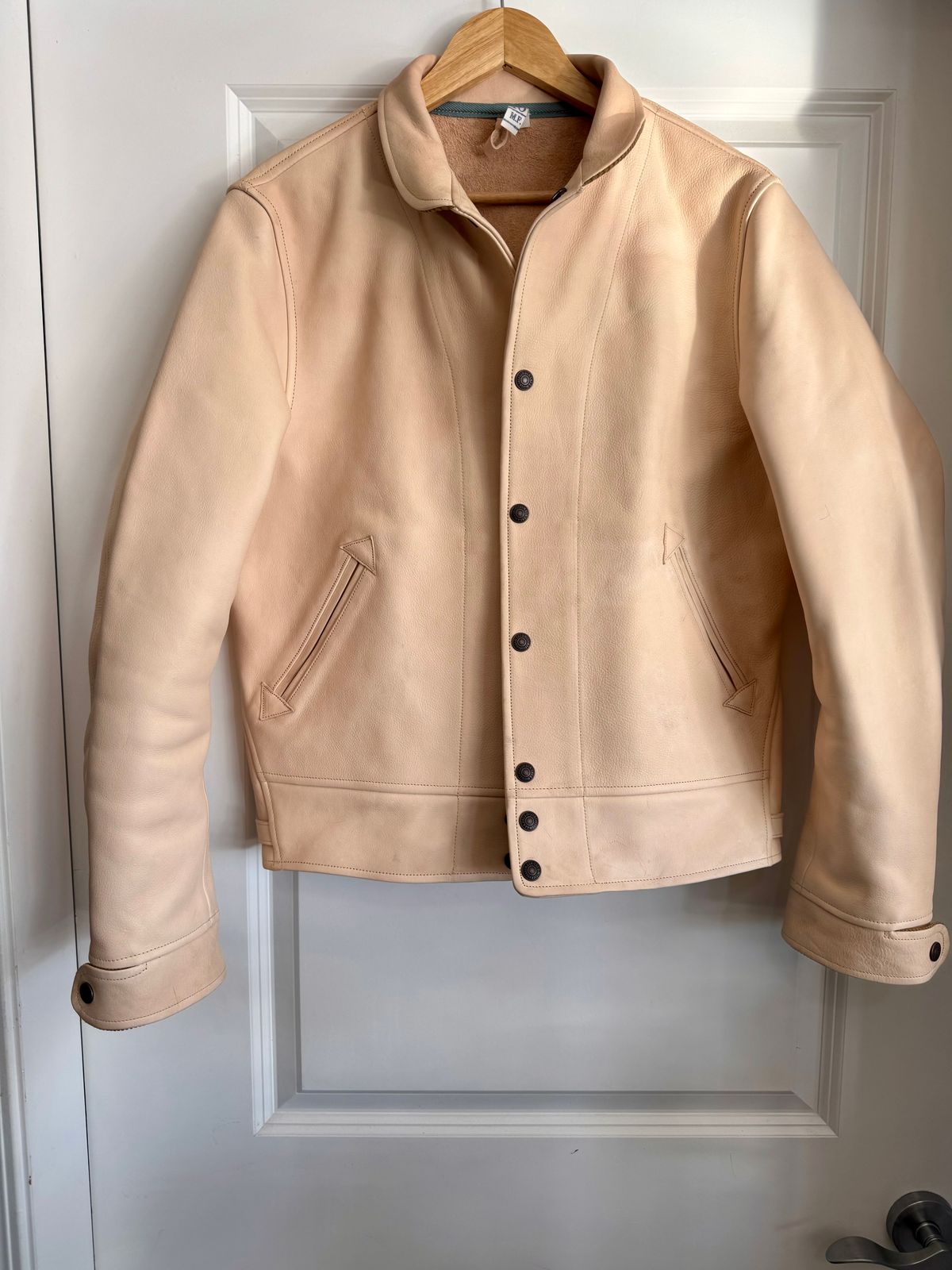 Photo by PatinaTechnodrome on November 13, 2024 of the Mister Freedom Campus Stud Jacket in Natural Veg Tan Cowhide.