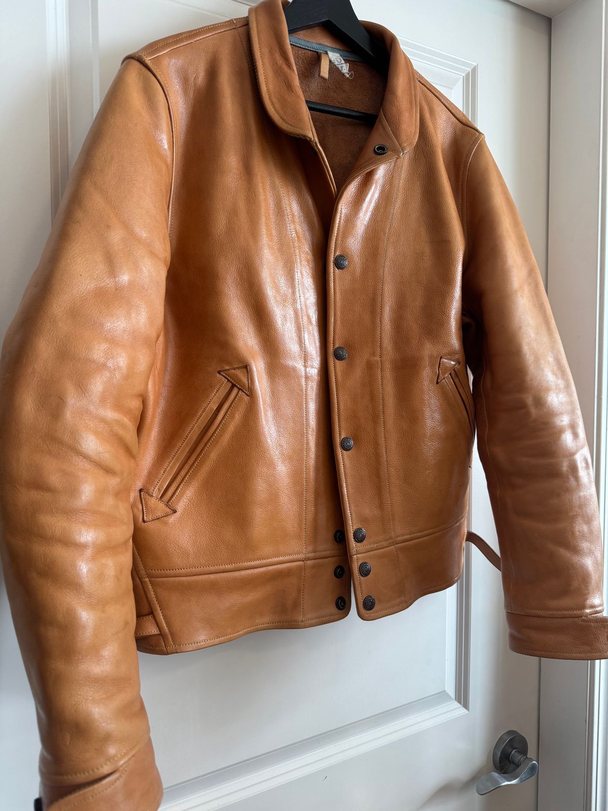 Photo by PatinaTechnodrome on December 11, 2024 of the Mister Freedom Campus Stud Jacket in Natural Veg Tan Cowhide.