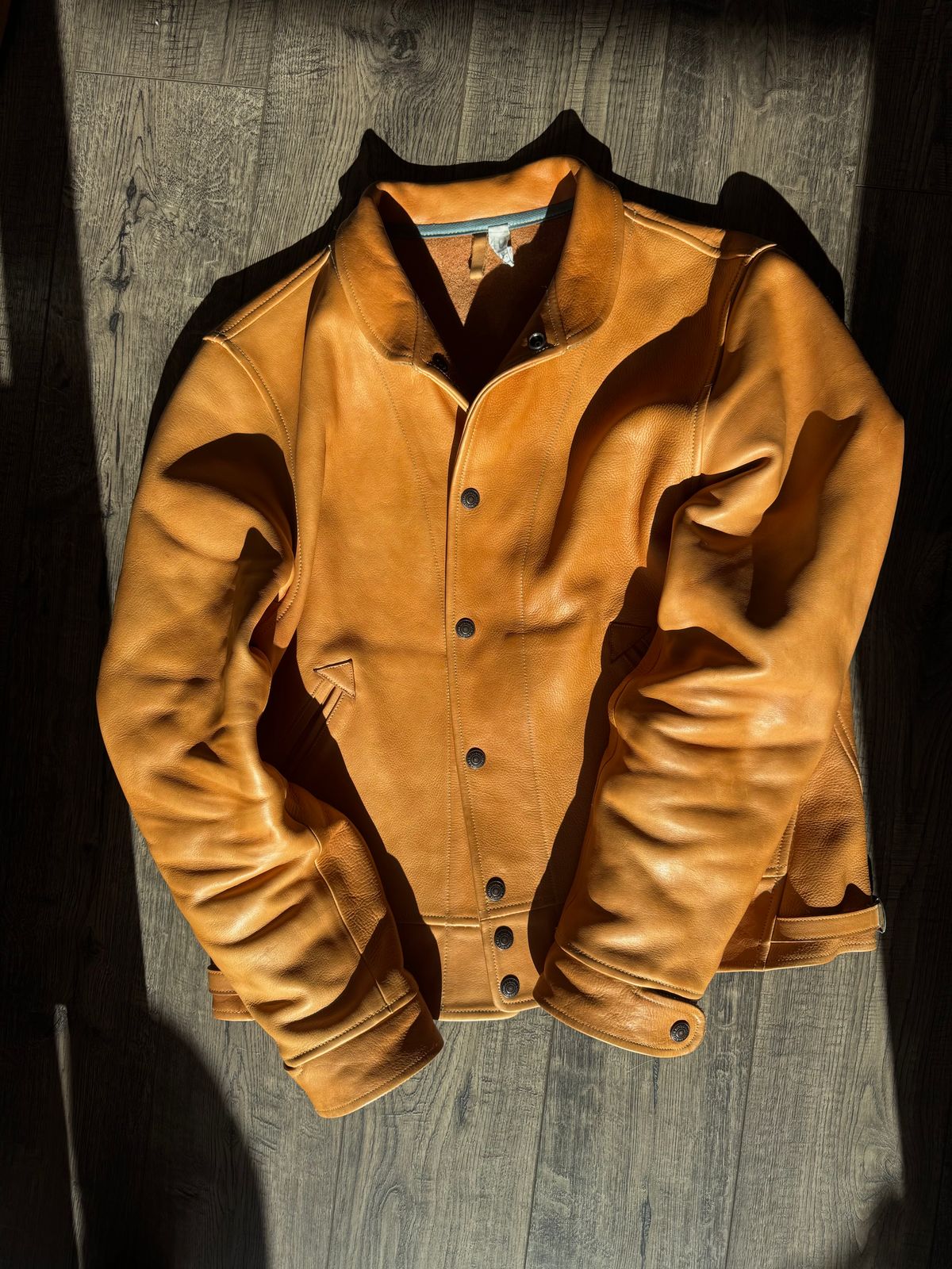 Photo by PatinaTechnodrome on December 12, 2024 of the Mister Freedom Campus Stud Jacket in Natural Veg Tan Cowhide.