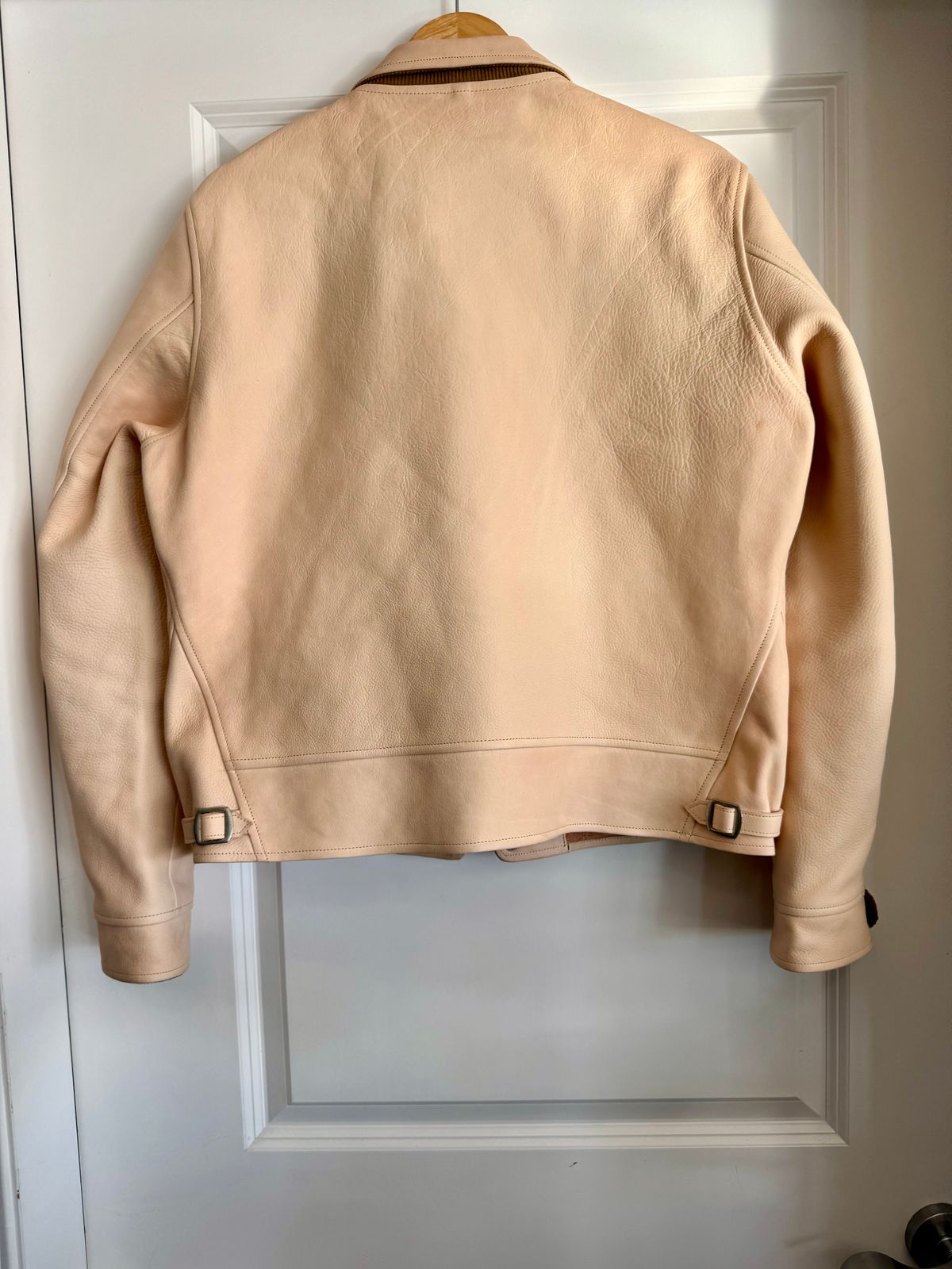 Photo by PatinaTechnodrome on November 13, 2024 of the Mister Freedom Campus Stud Jacket in Natural Veg Tan Cowhide.