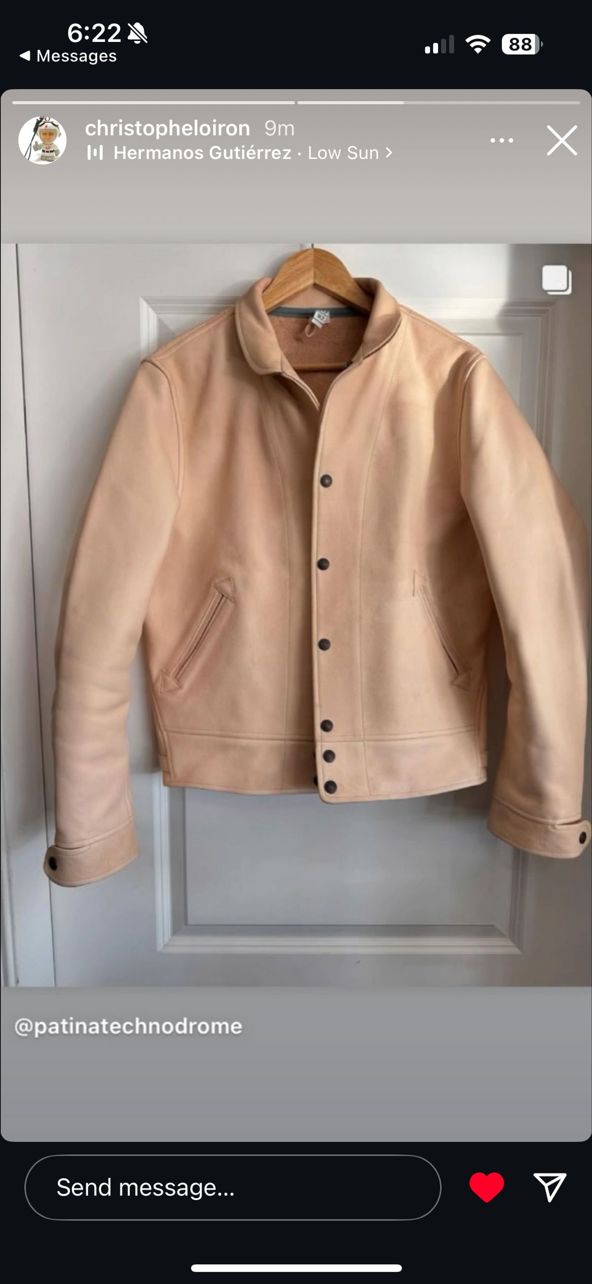 Photo by PatinaTechnodrome on November 17, 2024 of the Mister Freedom Campus Stud Jacket in Natural Veg Tan Cowhide.