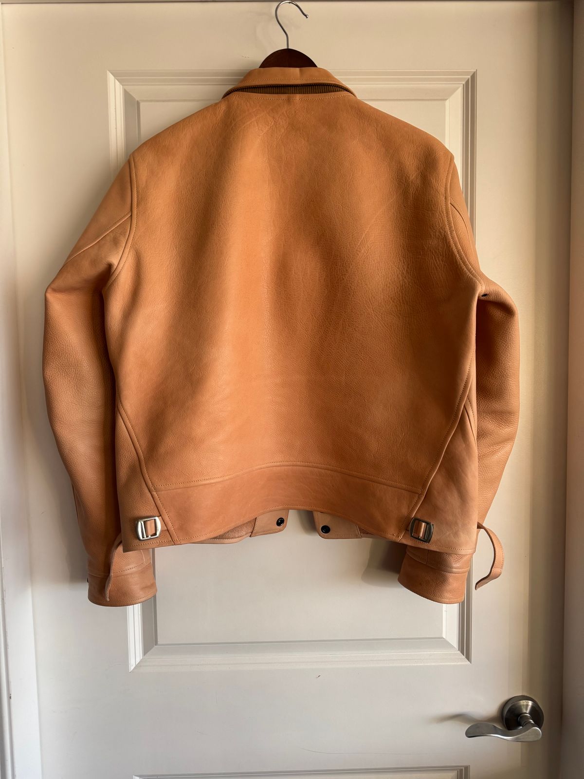 Photo by PatinaTechnodrome on November 20, 2024 of the Mister Freedom Campus Stud Jacket in Natural Veg Tan Cowhide.