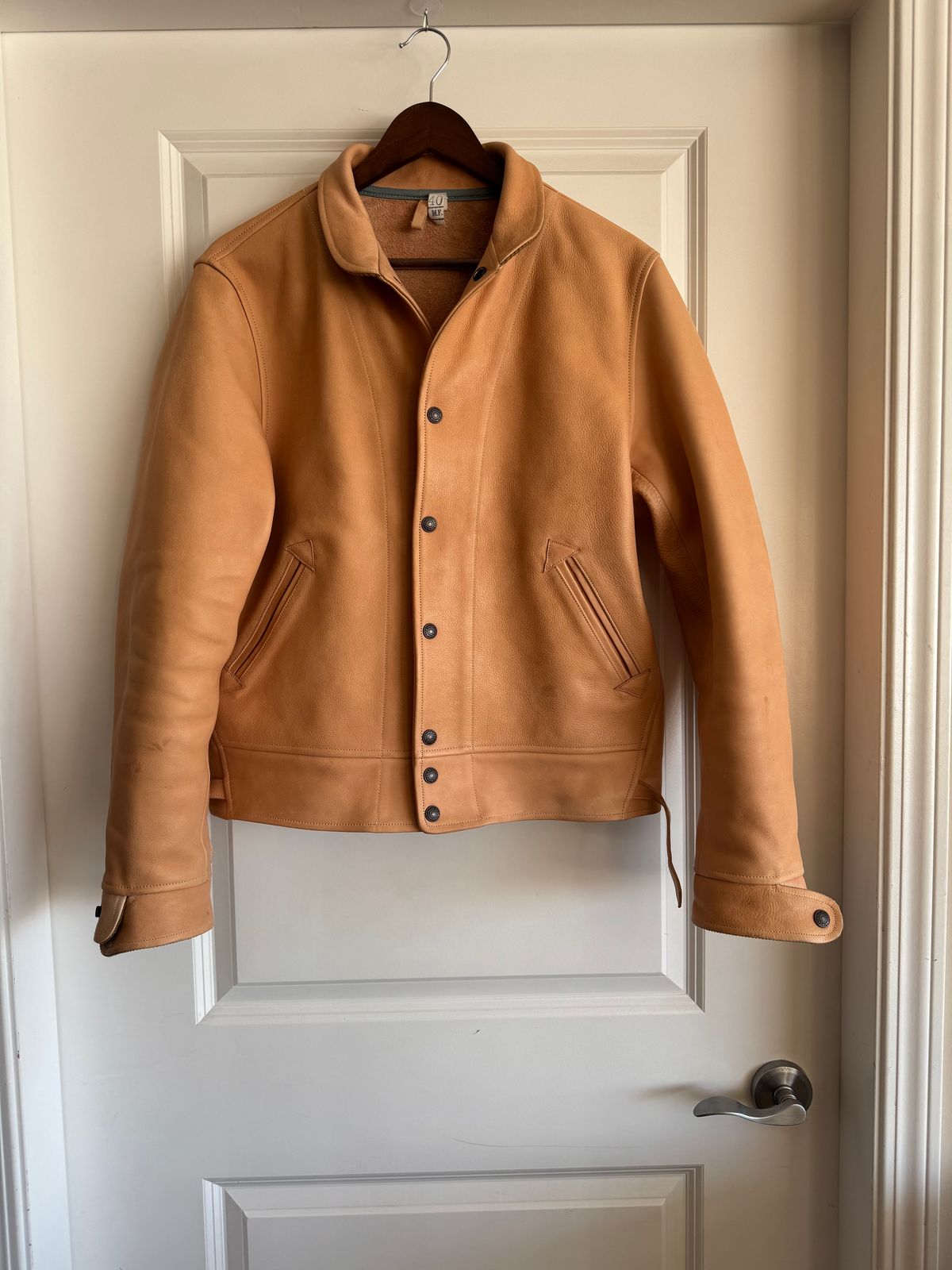 Photo by PatinaTechnodrome on November 21, 2024 of the Mister Freedom Campus Stud Jacket in Natural Veg Tan Cowhide.