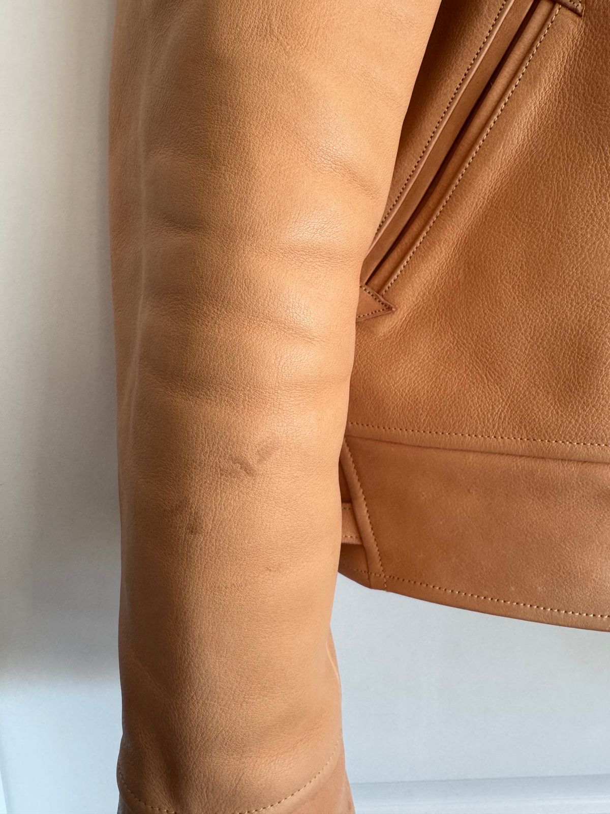 Photo by PatinaTechnodrome on November 21, 2024 of the Mister Freedom Campus Stud Jacket in Natural Veg Tan Cowhide.